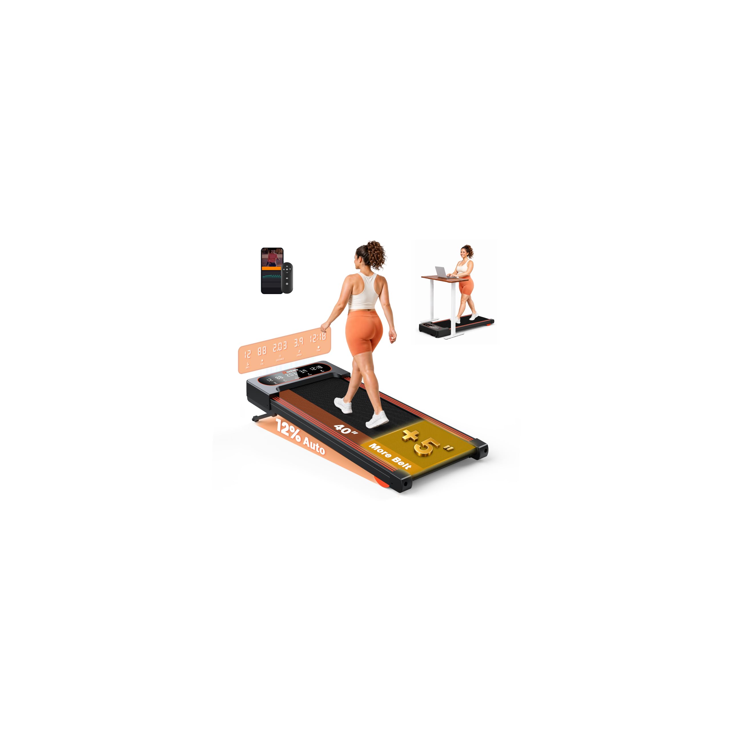 Walking Pad Treadmill with Auto Incline 12%-12Level, Quiet BLDC EvoDrive, Under Desk Treadmill for Home Office, Extra-Large Belt, Full Metrics Display, Quadra Cushion, App Control, 300lbs Capacity