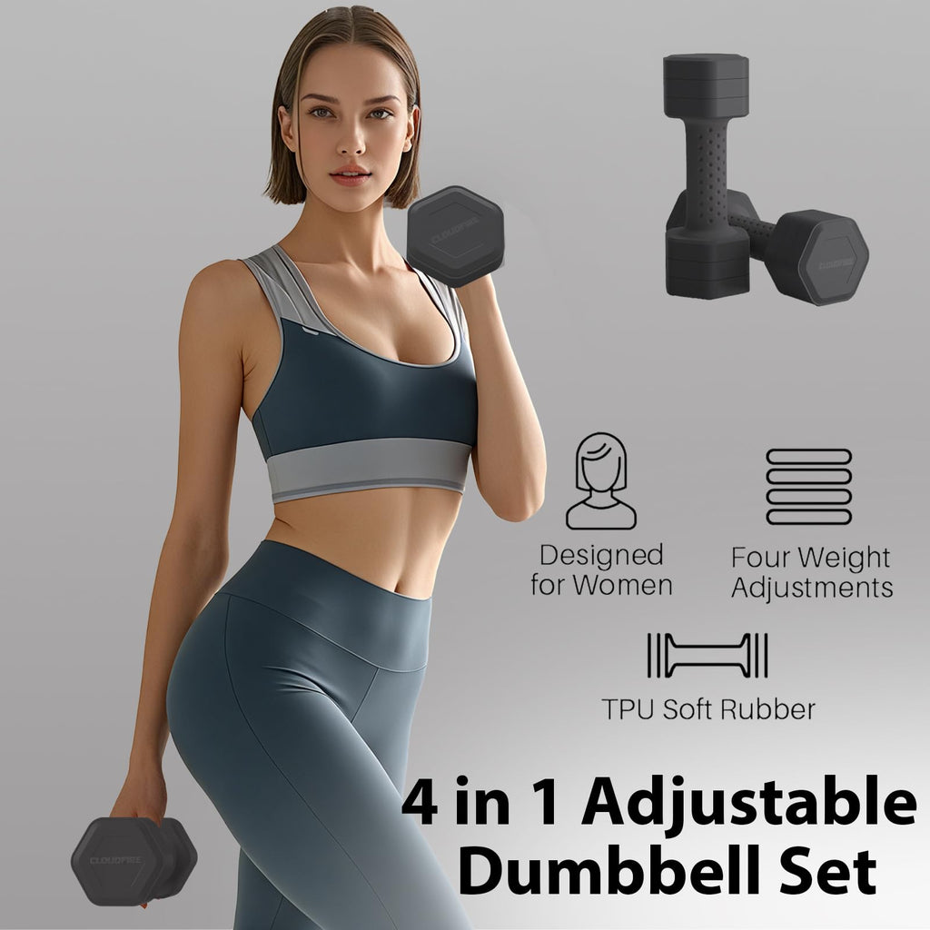 Adjustable Dumbbell Set of 2, 4 in 1 Free Weights Dumbbells Set, Hand Weights for Women at Home, 5 lb Dumbbells Set with Non-slip Comfort Handle for Home Gym Exercise Workout Training