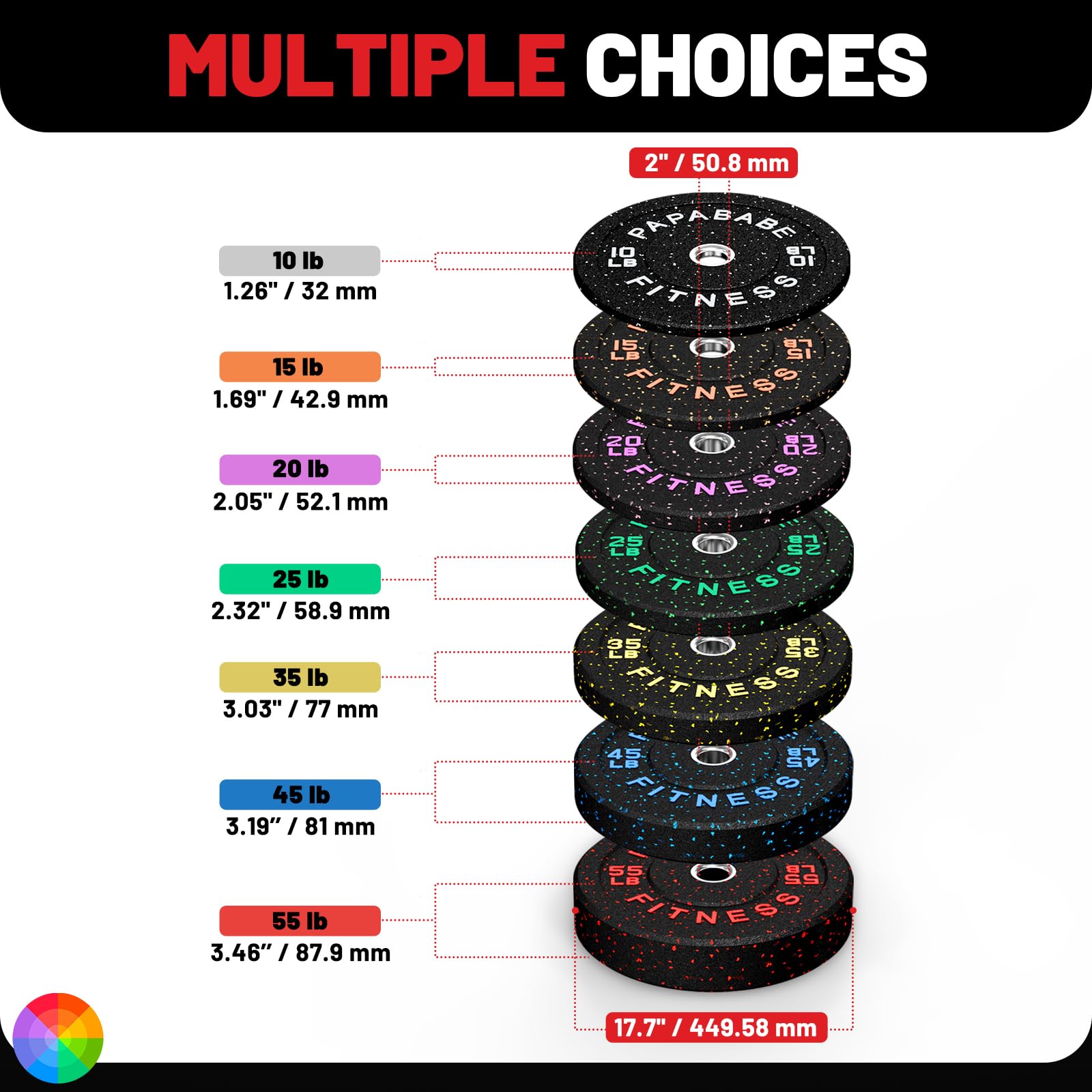 Papababe Weight Plates, 2-Inch Weights Plates Set, Floor Protective Rubber Weight Plates, 10-600lbs Bumper Plates for Barbell Strength Training & Weightlifting (Single/Pair/Full Set)