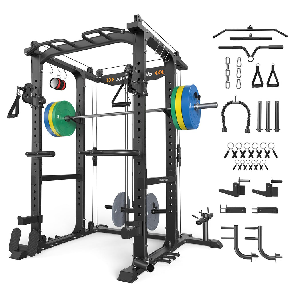 SPORTSROYALS Power Rack, Multi-Functional Power Cage, Squat Rack with Pulley System & LAT Pull Down, Workout Cage with J Hooks for Home Gym
