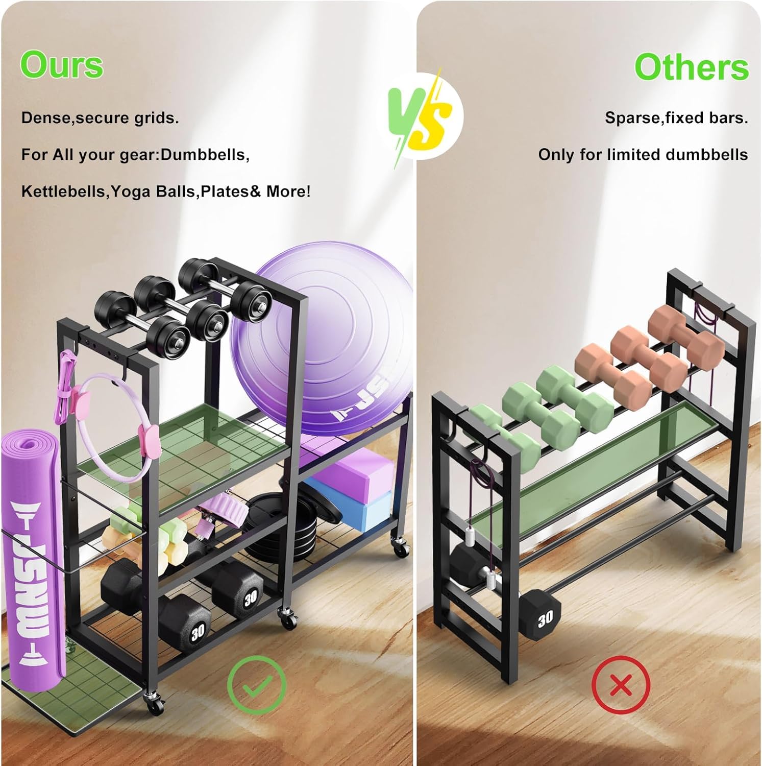 6-Tier Multi-Functional Home Gym Storage Rack with Wheels and Hooks, Adjustable Weight Rack for Dumbbells Kettlebells Yoga Mat and Balls, Space Saving Workout Equipment Storage Organizer