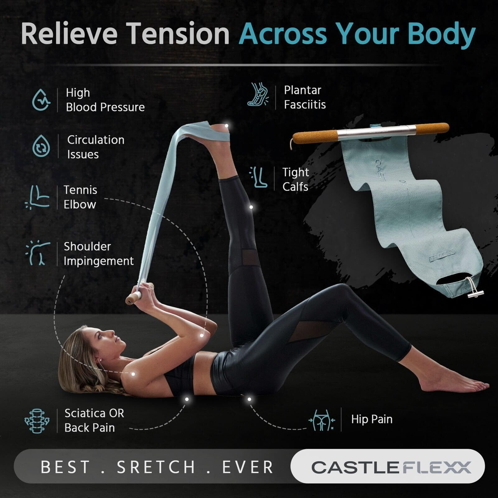 CastleFlexx Mobility and Full Body Strengthening Device | Non-Elastic Stretch Strap with Natural Premium Cork Handles for Stretching, Exercise, Physical Therapy, and Yoga | Height up to 5’9” Aqua