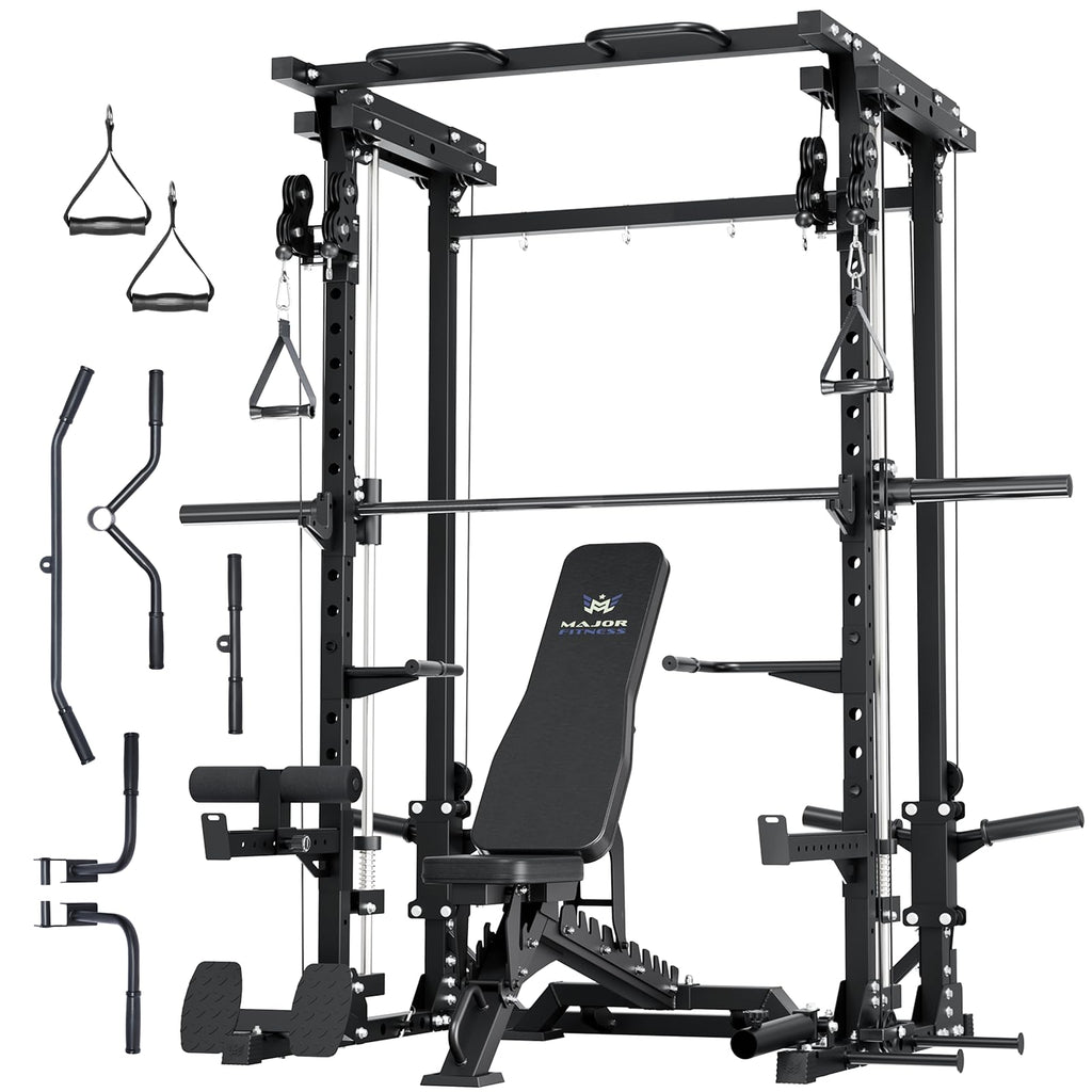 MAJOR FITNESS Drone3 Smith Machine, 2500lbs All-in-One Home Gym Power Rack with Dual Pulley System for Cable Crossover, Pull-Up Bars