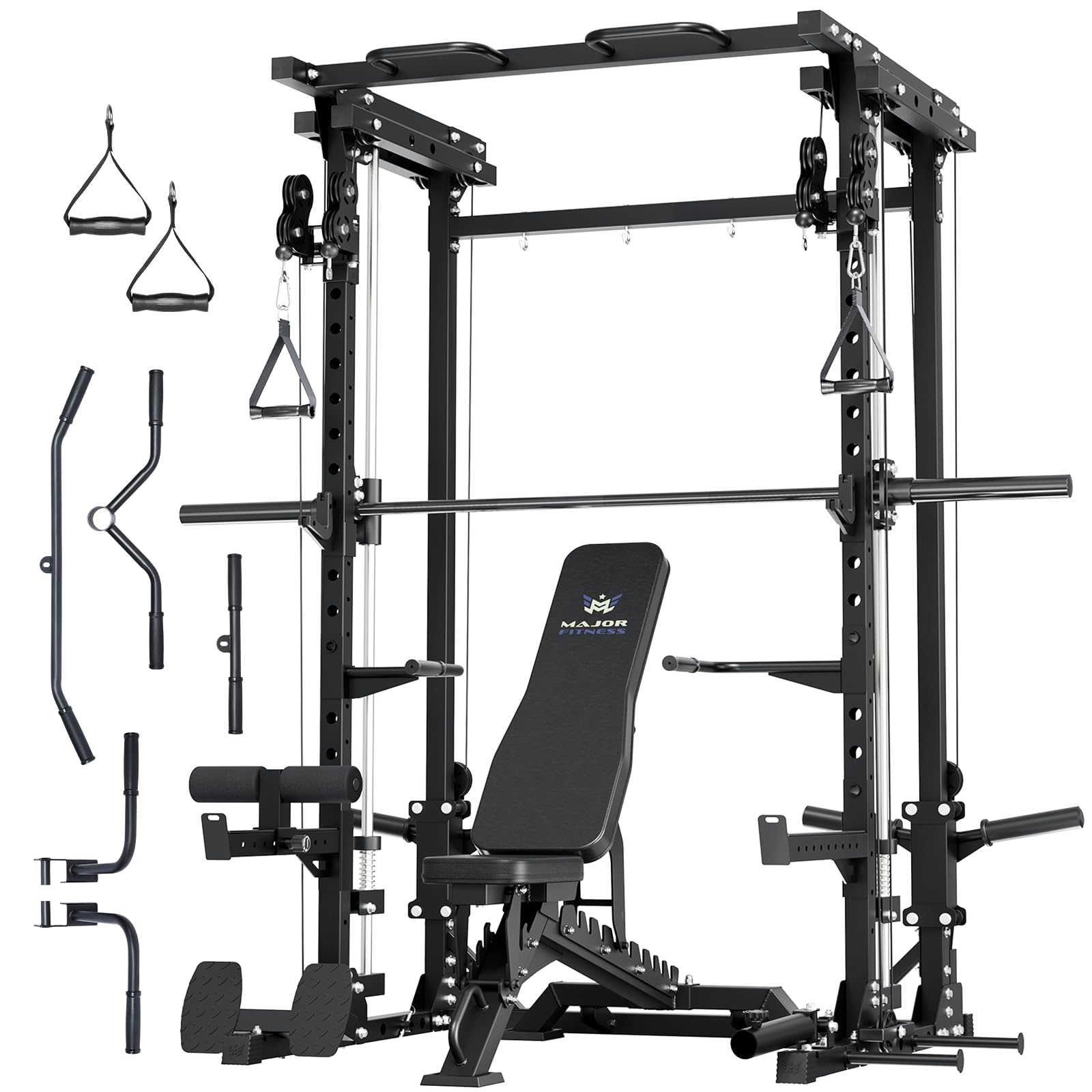 MAJOR FITNESS Drone3 Smith Machine, 2500lbs All-in-One Home Gym Power Rack with Dual Pulley System for Cable Crossover, Pull-Up Bars