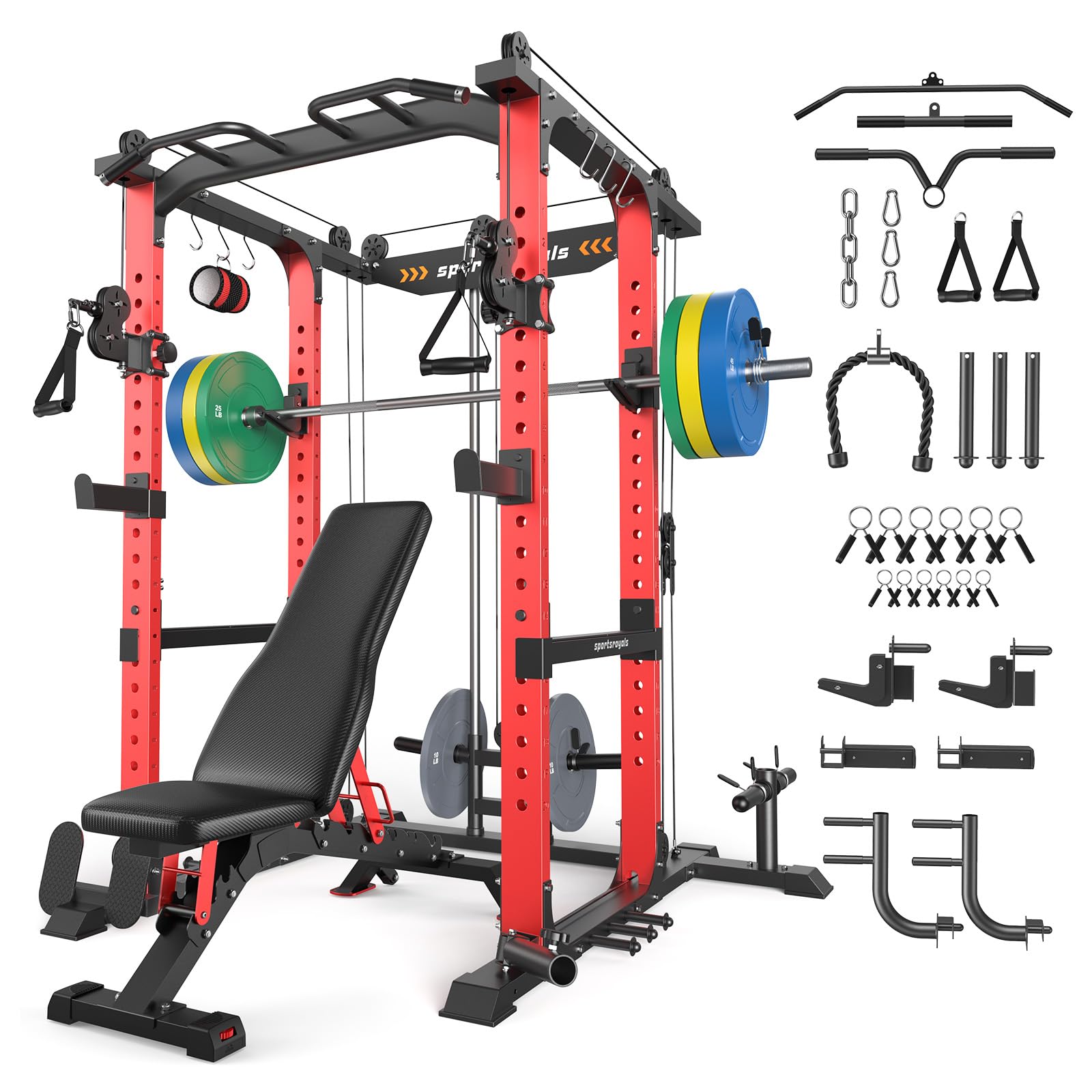 SPORTSROYALS Power Rack, Multi-Functional Power Cage, Squat Rack with Pulley System & LAT Pull Down, Workout Cage with J Hooks for Home Gym