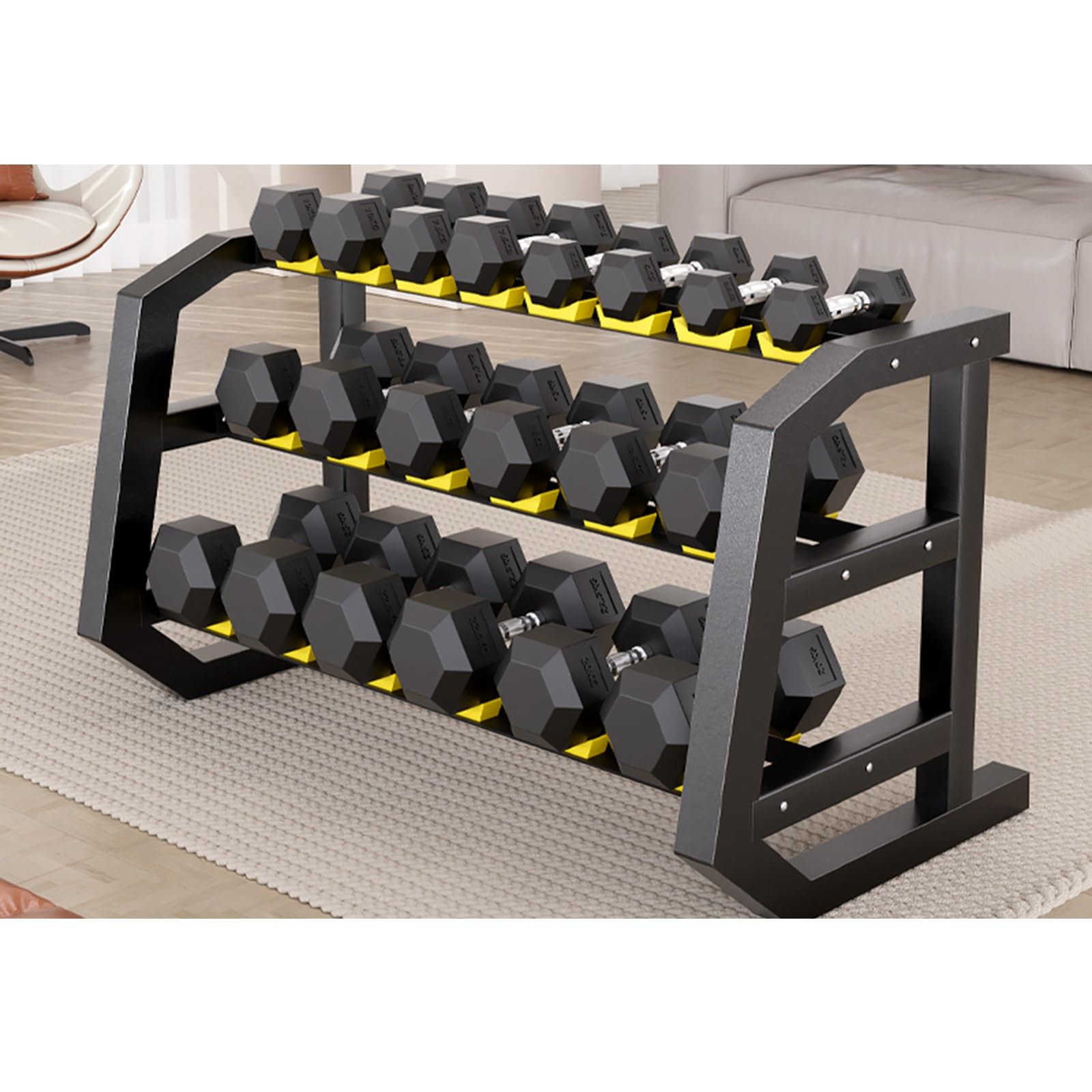 XSLRYH Rubber Coated Hex Dumbbell Weight Set, Strength Training Equipment Set with Anti-Slip Handle and 3-Tier Storage Rack for Home Gym Muscle Building and Full Body Workout