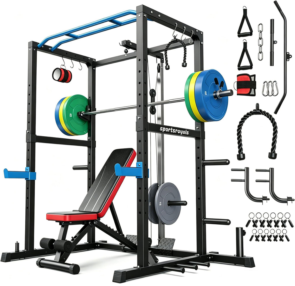 SPORTSROYALS Power Rack, Multi-Functional Power Cage, Squat Rack with Pulley System & LAT Pull Down, Workout Cage with J Hooks for Home Gym