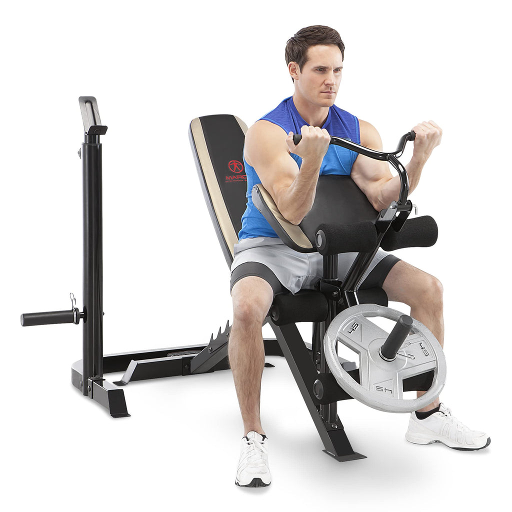 Marcy Olympic Workout Bench for Home Gym Strength Training Equipment with Preacher Curl Pad and Weight Rack Storage, White/Black