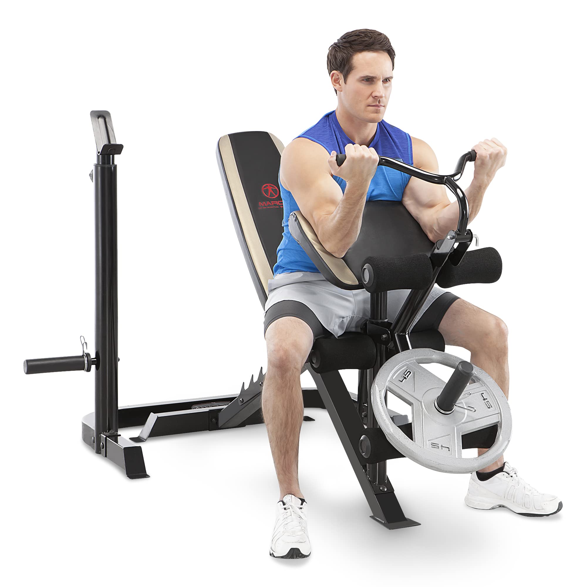 Marcy Olympic Workout Bench for Home Gym Strength Training Equipment with Preacher Curl Pad and Weight Rack Storage, White/Black