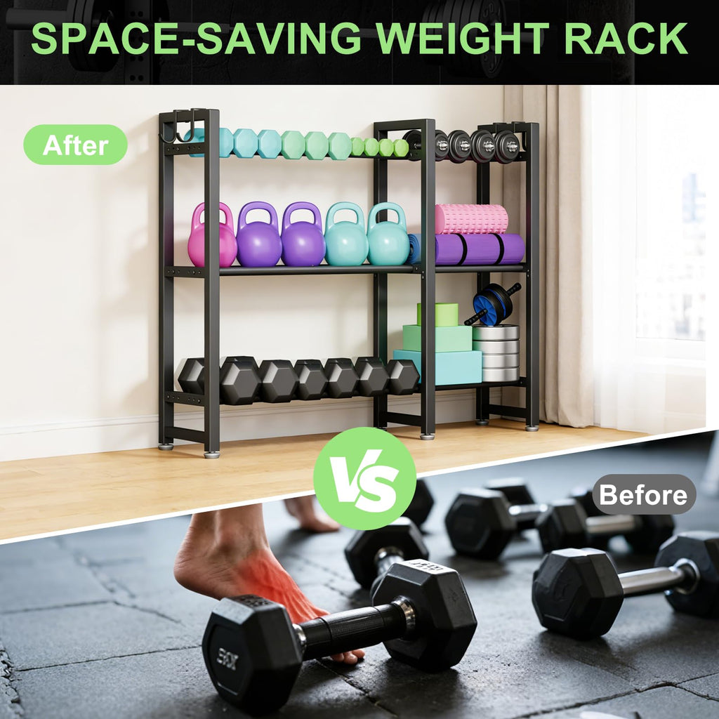 800LBS Capacity Multifunctional Home Gym Storage Rack with Side Hooks, Heavy Duty Adjustable Weight Storage Rack for Dumbbells Kettlebells Yoga Mat, Space Saving Workout Equipment Storage Organizer