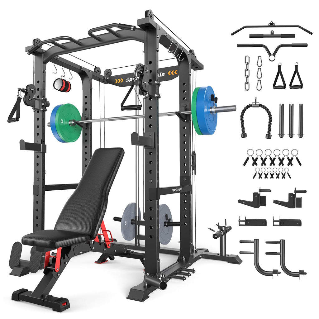 SPORTSROYALS Power Rack, Multi-Functional Power Cage, Squat Rack with Pulley System & LAT Pull Down, Workout Cage with J Hooks for Home Gym