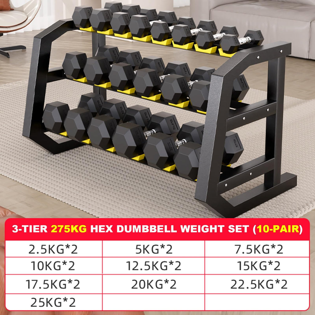 XSLRYH Rubber Coated Hex Dumbbell Weight Set, Strength Training Equipment Set with Anti-Slip Handle and 3-Tier Storage Rack for Home Gym Muscle Building and Full Body Workout