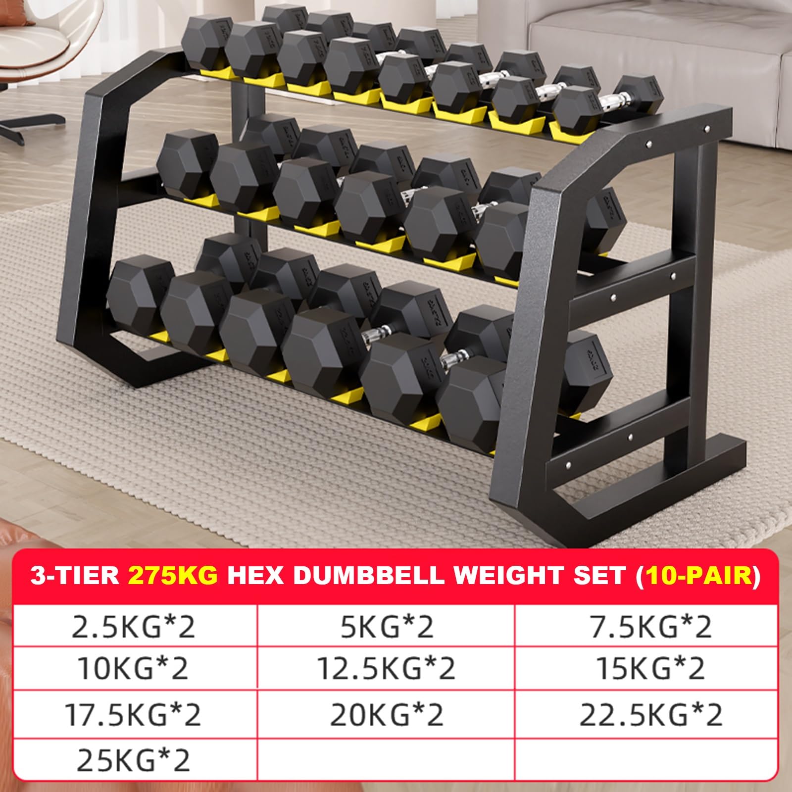 XSLRYH Rubber Coated Hex Dumbbell Weight Set, Strength Training Equipment Set with Anti-Slip Handle and 3-Tier Storage Rack for Home Gym Muscle Building and Full Body Workout