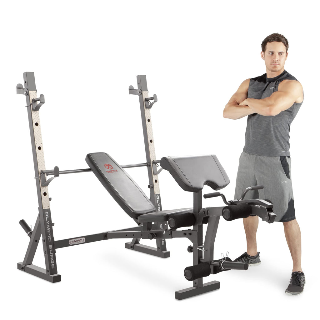 Marcy Olympic Workout Bench for Home Gym Strength Training Equipment with Preacher Curl Pad and Weight Rack Storage, White/Black