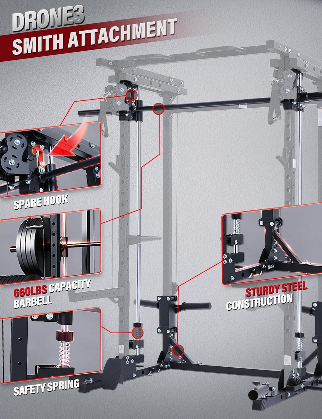MAJOR FITNESS Drone3 Smith Machine, 2500lbs All-in-One Home Gym Power Rack with Dual Pulley System for Cable Crossover, Pull-Up Bars
