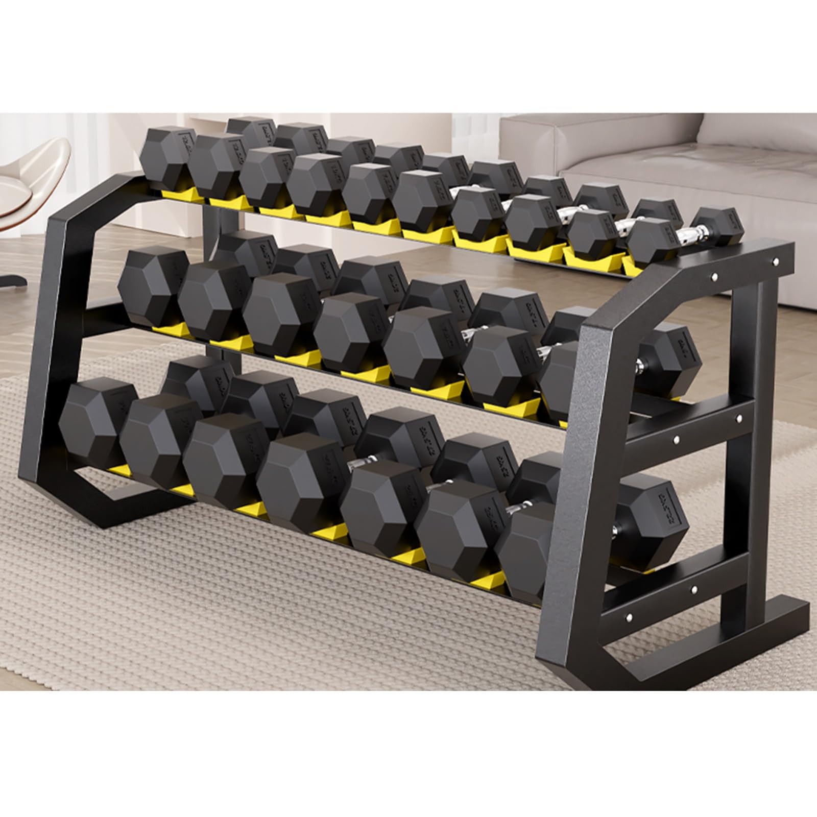 XSLRYH Rubber Coated Hex Dumbbell Weight Set, Strength Training Equipment Set with Anti-Slip Handle and 3-Tier Storage Rack for Home Gym Muscle Building and Full Body Workout