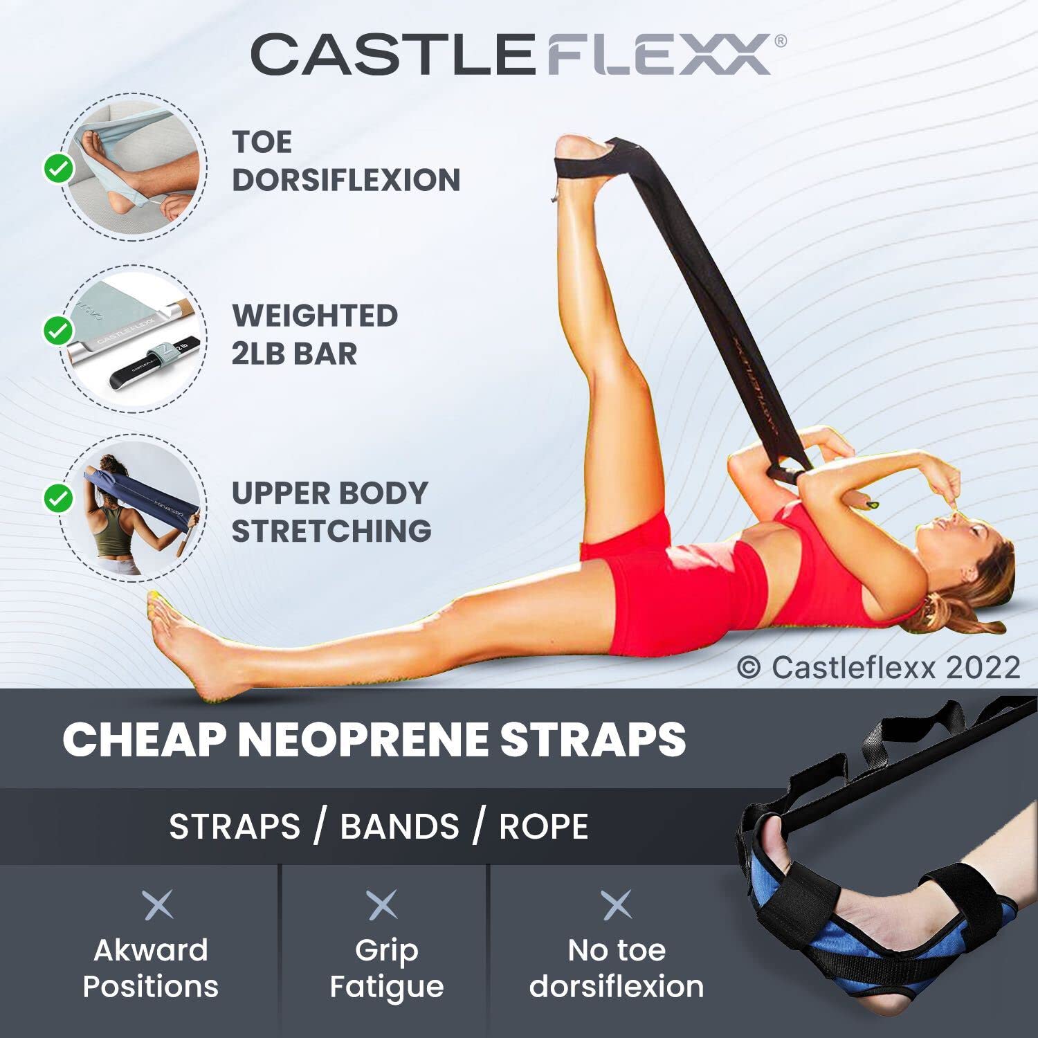 CastleFlexx Mobility and Full Body Strengthening Device | Non-Elastic Stretch Strap with Natural Premium Cork Handles for Stretching, Exercise, Physical Therapy, and Yoga | Height up to 5’9” Aqua