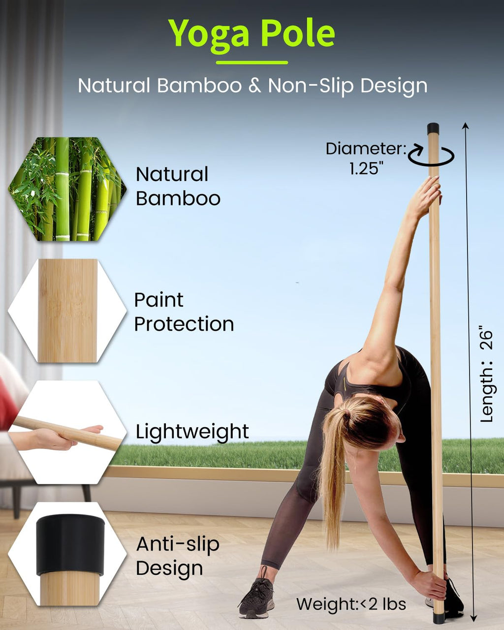 P Polerden Yoga Stick, 5ft Exercise Stick for Mobility, Stretching Stick with Non-Slip Ends, Exercise Dowel for Pilates, Balance Pole and Stretch Bar for Stretching Equipment