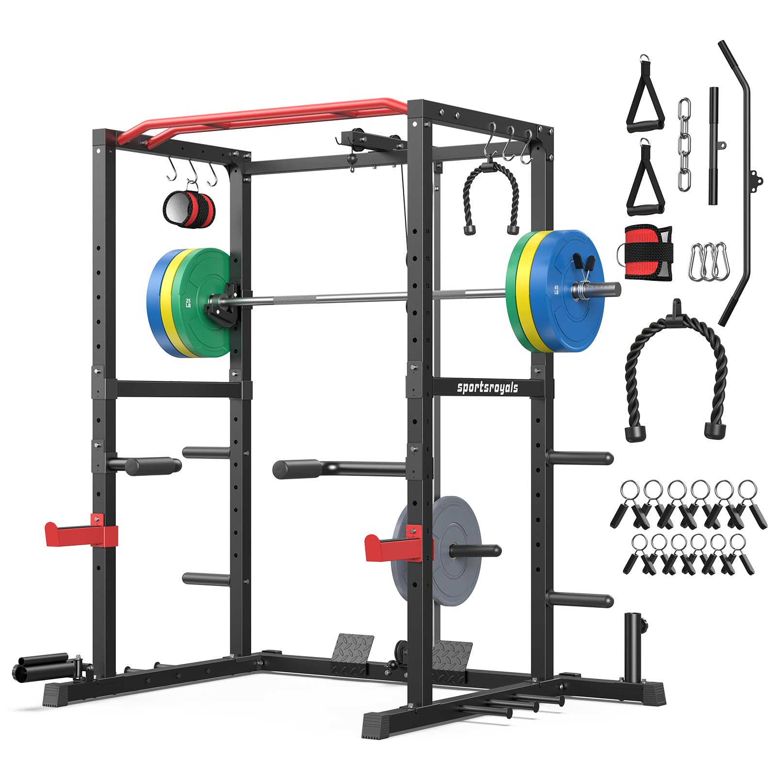 SPORTSROYALS Power Rack, Multi-Functional Power Cage, Squat Rack with Pulley System & LAT Pull Down, Workout Cage with J Hooks for Home Gym