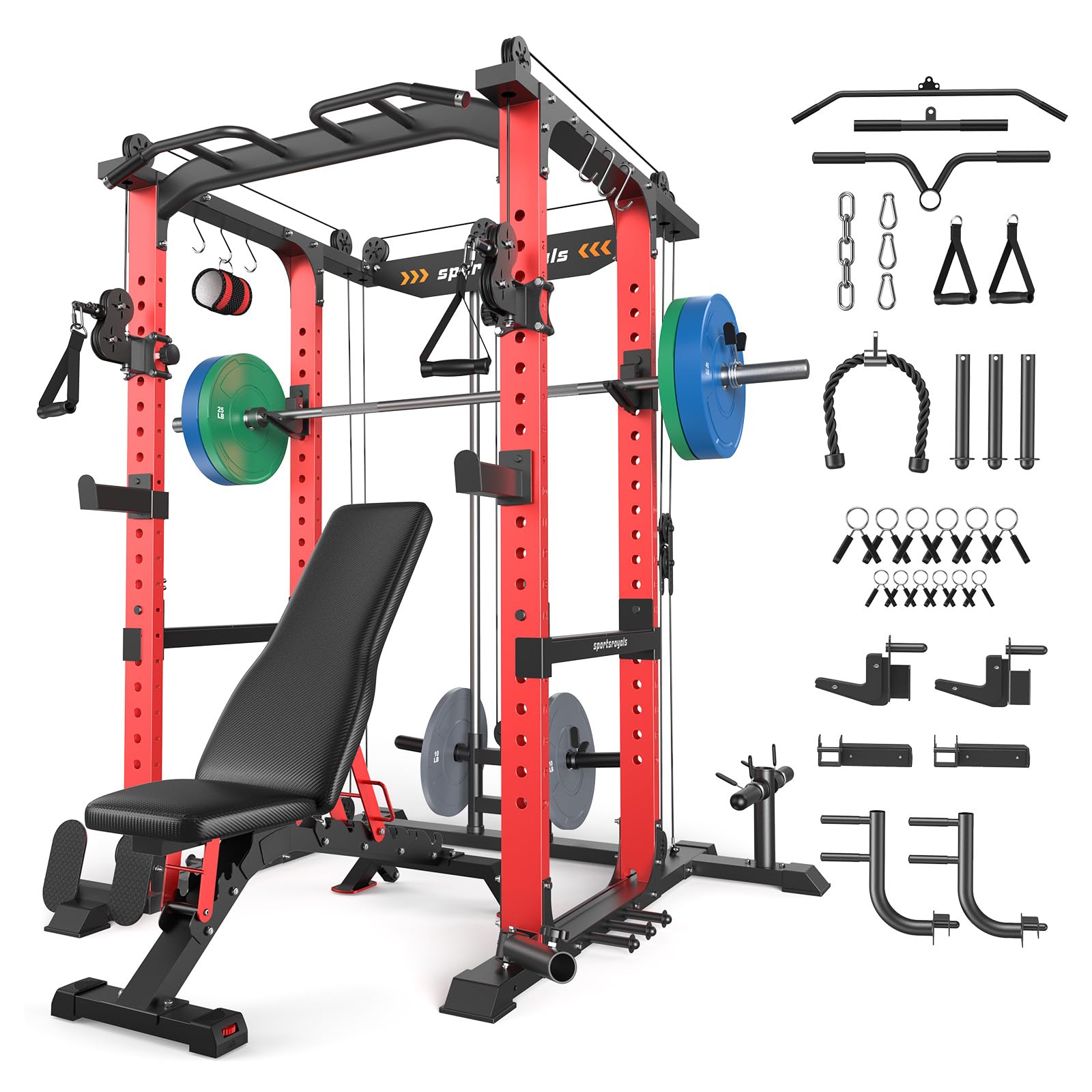 SPORTSROYALS Power Rack, Multi-Functional Power Cage, Squat Rack with Pulley System & LAT Pull Down, Workout Cage with J Hooks for Home Gym
