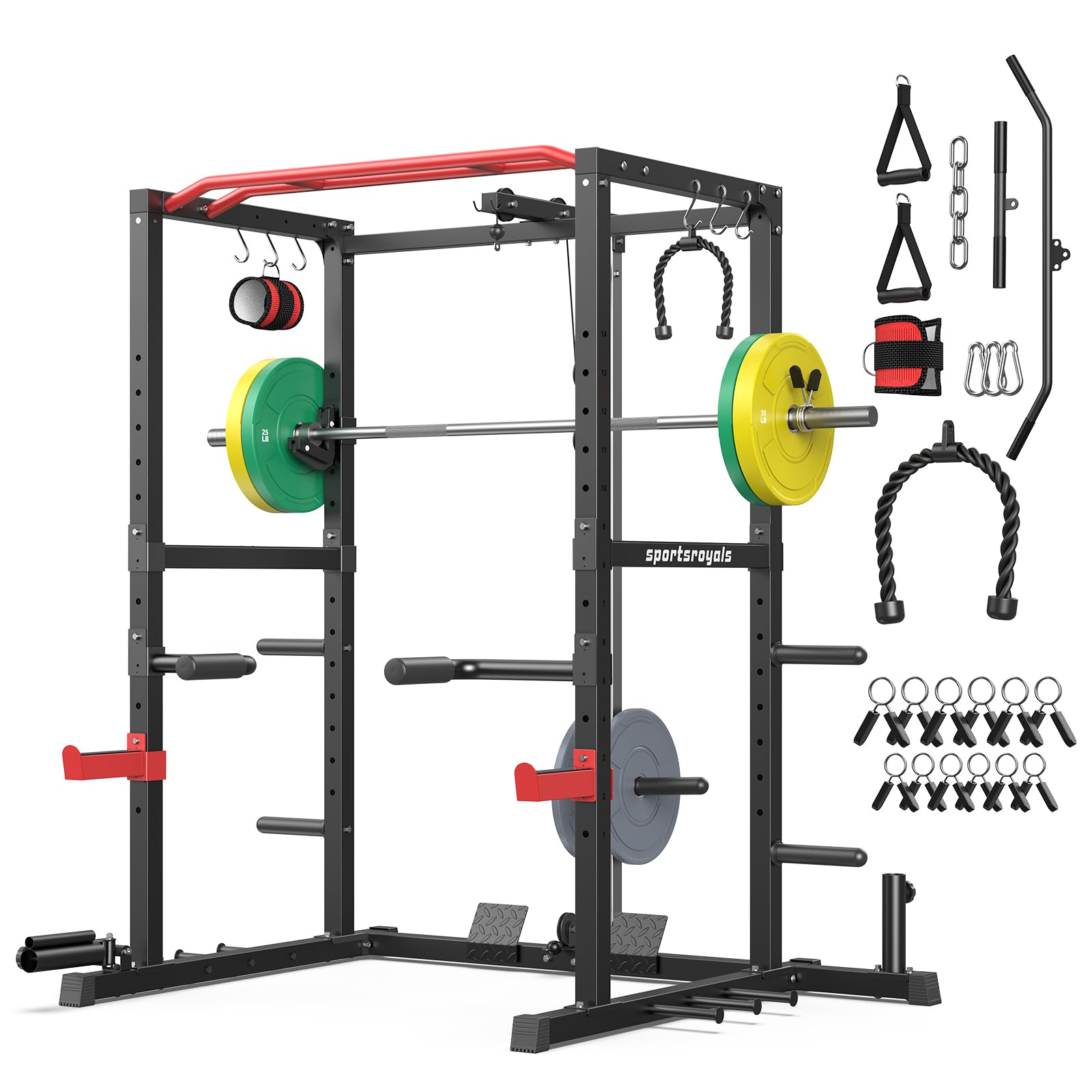 SPORTSROYALS Power Rack, Multi-Functional Power Cage, Squat Rack with Pulley System & LAT Pull Down, Workout Cage with J Hooks for Home Gym