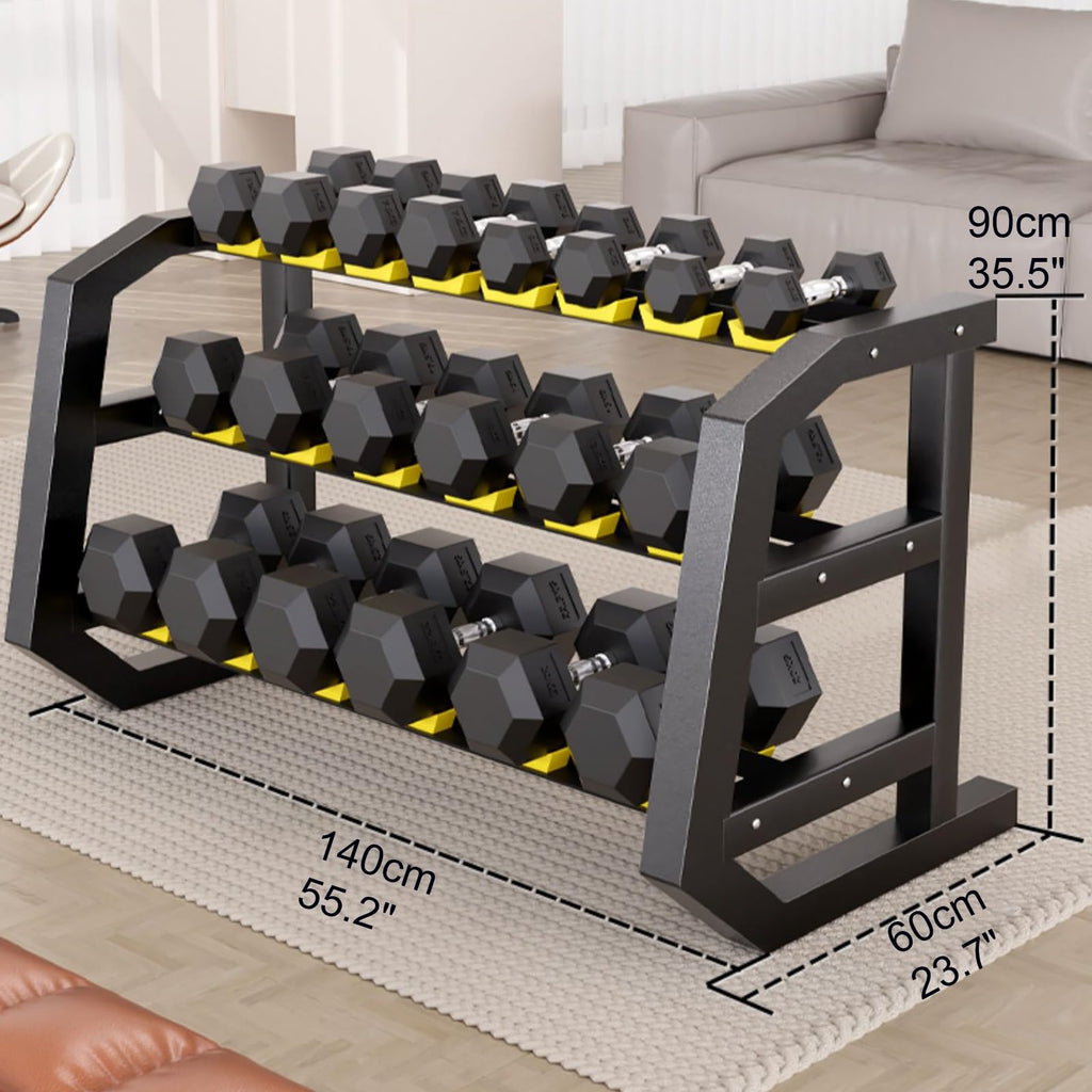 XSLRYH Rubber Coated Hex Dumbbell Weight Set, Strength Training Equipment Set with Anti-Slip Handle and 3-Tier Storage Rack for Home Gym Muscle Building and Full Body Workout
