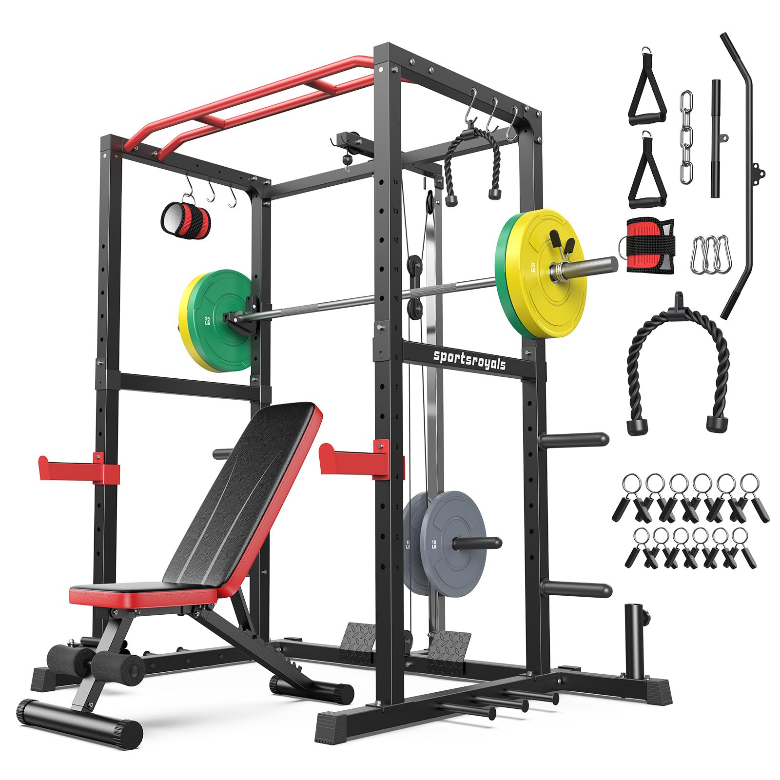 SPORTSROYALS Power Rack, Multi-Functional Power Cage, Squat Rack with Pulley System & LAT Pull Down, Workout Cage with J Hooks for Home Gym