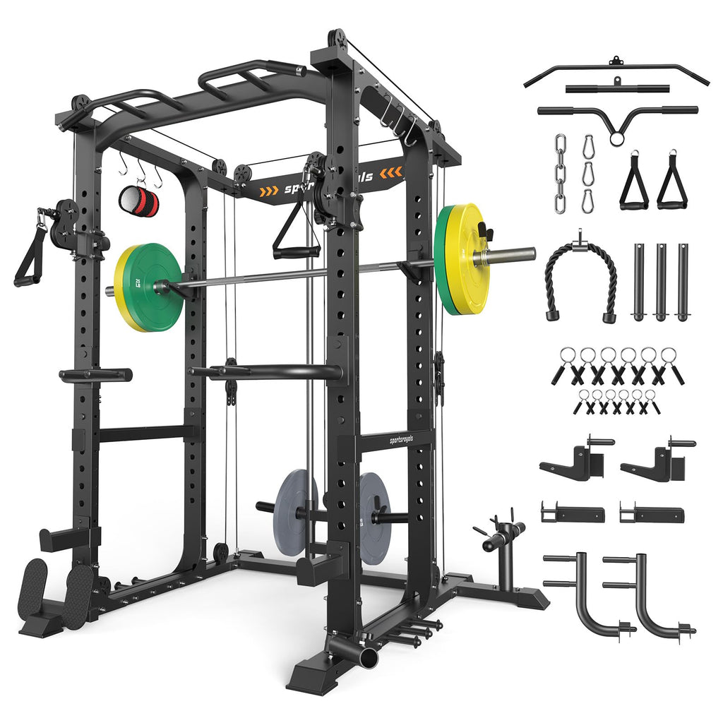 SPORTSROYALS Power Rack, Multi-Functional Power Cage, Squat Rack with Pulley System & LAT Pull Down, Workout Cage with J Hooks for Home Gym