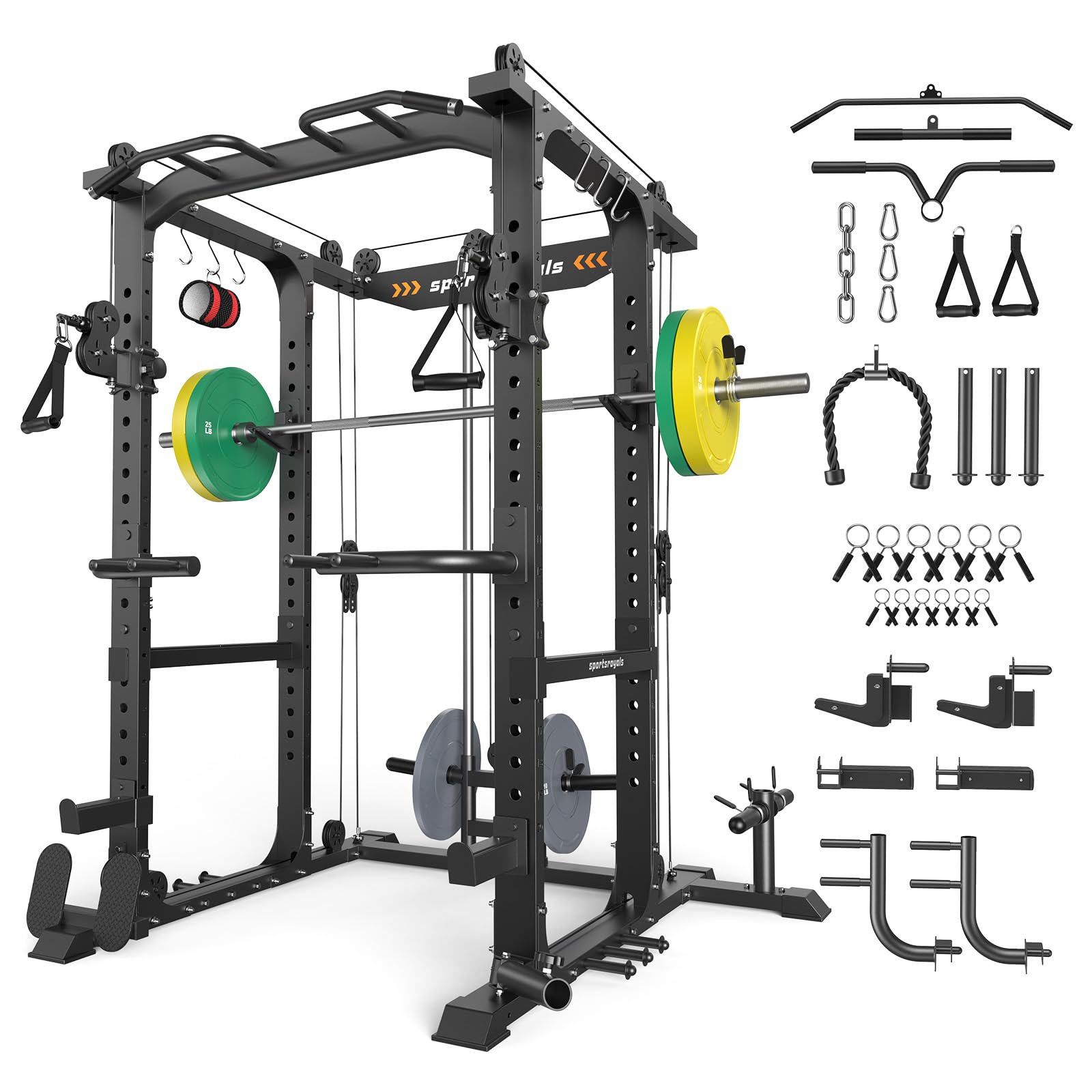 SPORTSROYALS Power Rack, Multi-Functional Power Cage, Squat Rack with Pulley System & LAT Pull Down, Workout Cage with J Hooks for Home Gym