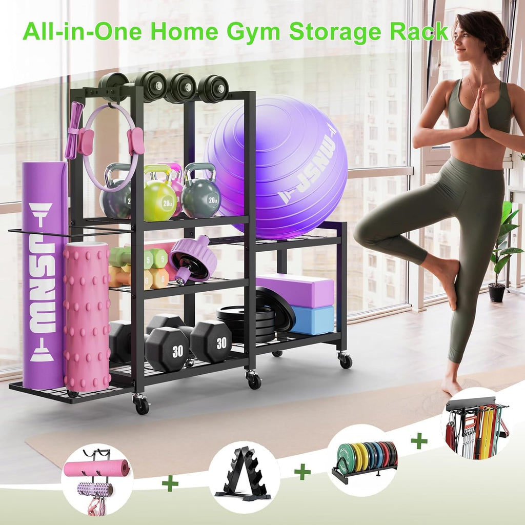 6-Tier Multi-Functional Home Gym Storage Rack with Wheels and Hooks, Adjustable Weight Rack for Dumbbells Kettlebells Yoga Mat and Balls, Space Saving Workout Equipment Storage Organizer