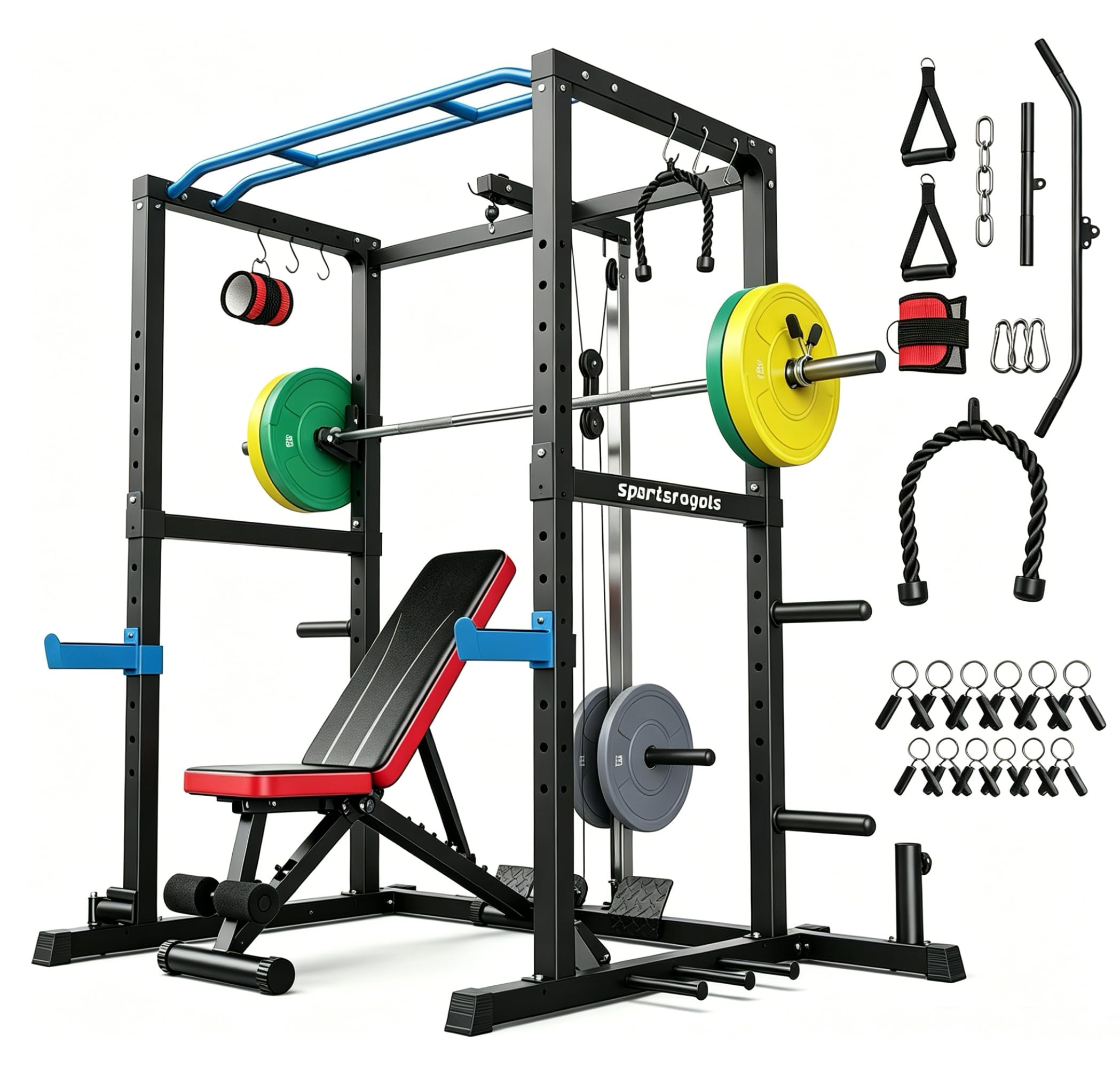 SPORTSROYALS Power Rack, Multi-Functional Power Cage, Squat Rack with Pulley System & LAT Pull Down, Workout Cage with J Hooks for Home Gym