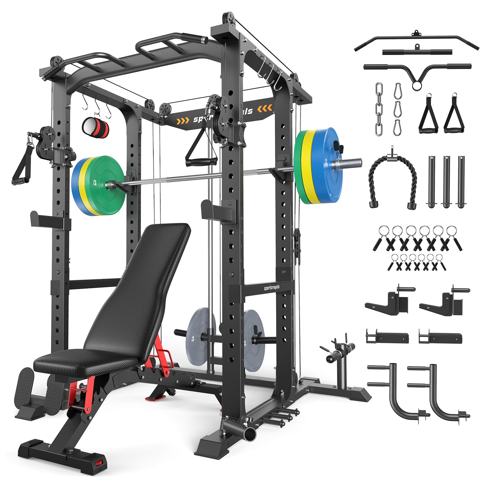 SPORTSROYALS Power Rack, Multi-Functional Power Cage, Squat Rack with Pulley System & LAT Pull Down, Workout Cage with J Hooks for Home Gym