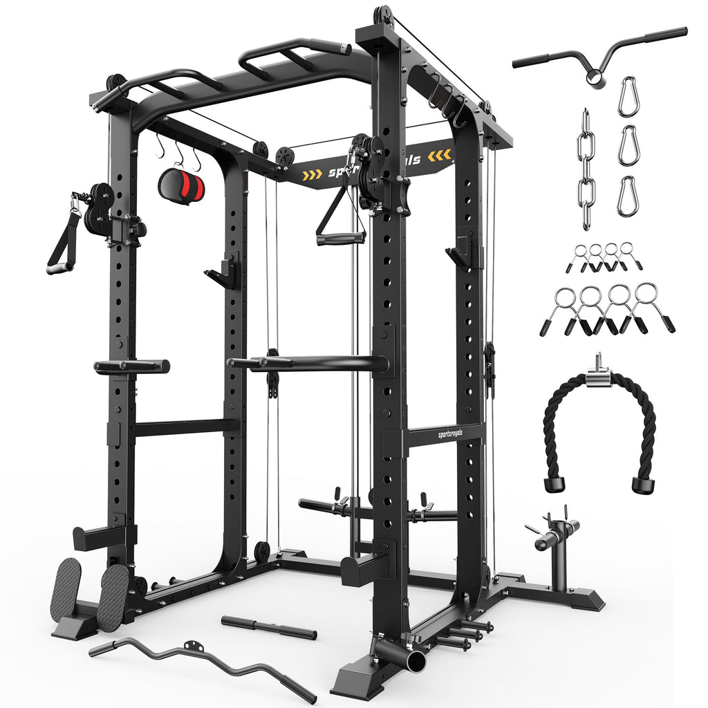 SPORTSROYALS Power Rack, Multi-Functional Power Cage, Squat Rack with Pulley System & LAT Pull Down, Workout Cage with J Hooks for Home Gym