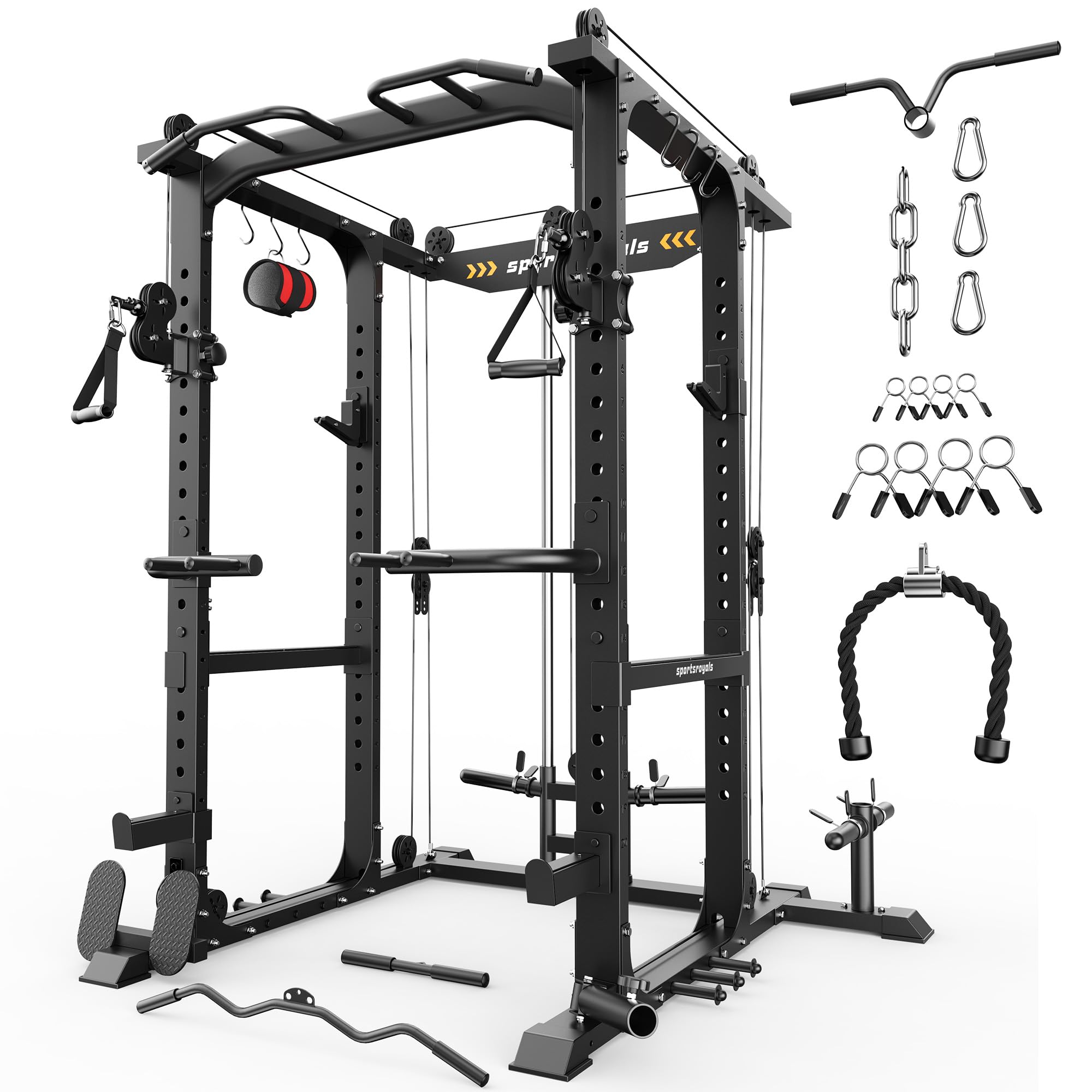 SPORTSROYALS Power Rack, Multi-Functional Power Cage, Squat Rack with Pulley System & LAT Pull Down, Workout Cage with J Hooks for Home Gym