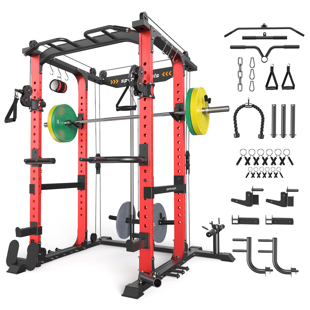 SPORTSROYALS Power Rack, Multi-Functional Power Cage, Squat Rack with Pulley System & LAT Pull Down, Workout Cage with J Hooks for Home Gym