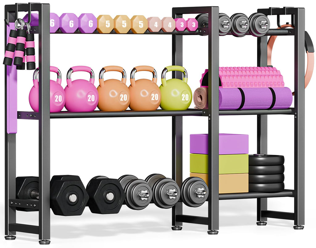 800LBS Capacity Multifunctional Home Gym Storage Rack with Side Hooks, Heavy Duty Adjustable Weight Storage Rack for Dumbbells Kettlebells Yoga Mat, Space Saving Workout Equipment Storage Organizer