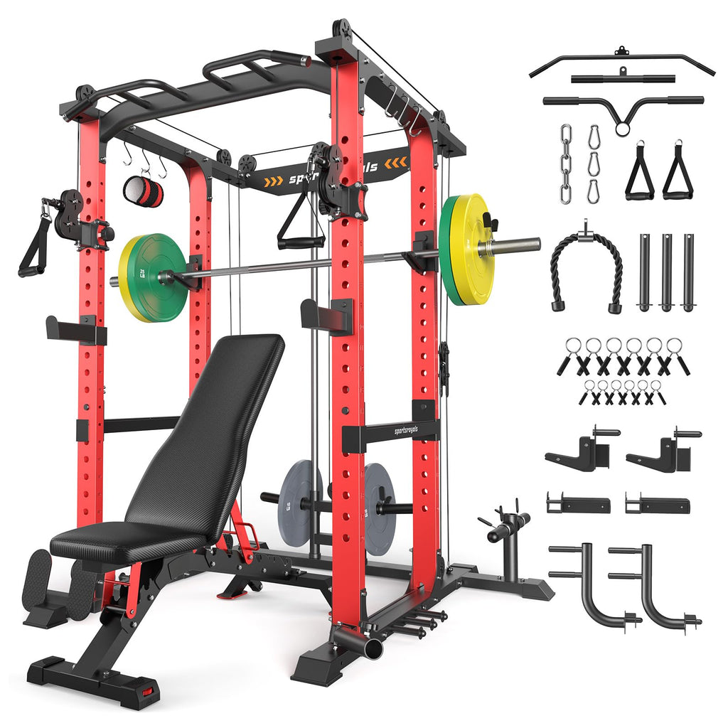 SPORTSROYALS Power Rack, Multi-Functional Power Cage, Squat Rack with Pulley System & LAT Pull Down, Workout Cage with J Hooks for Home Gym