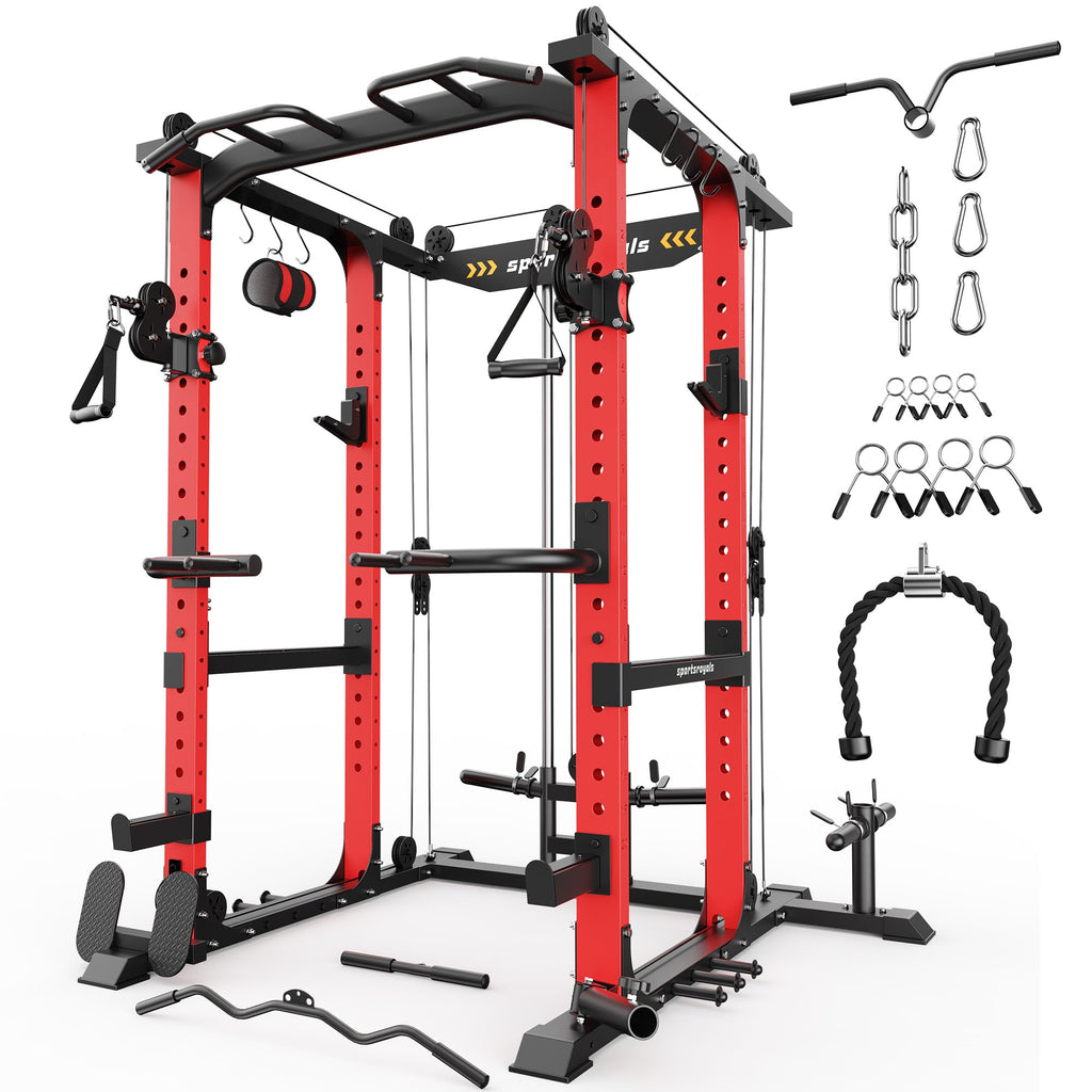 SPORTSROYALS Power Rack, Multi-Functional Power Cage, Squat Rack with Pulley System & LAT Pull Down, Workout Cage with J Hooks for Home Gym