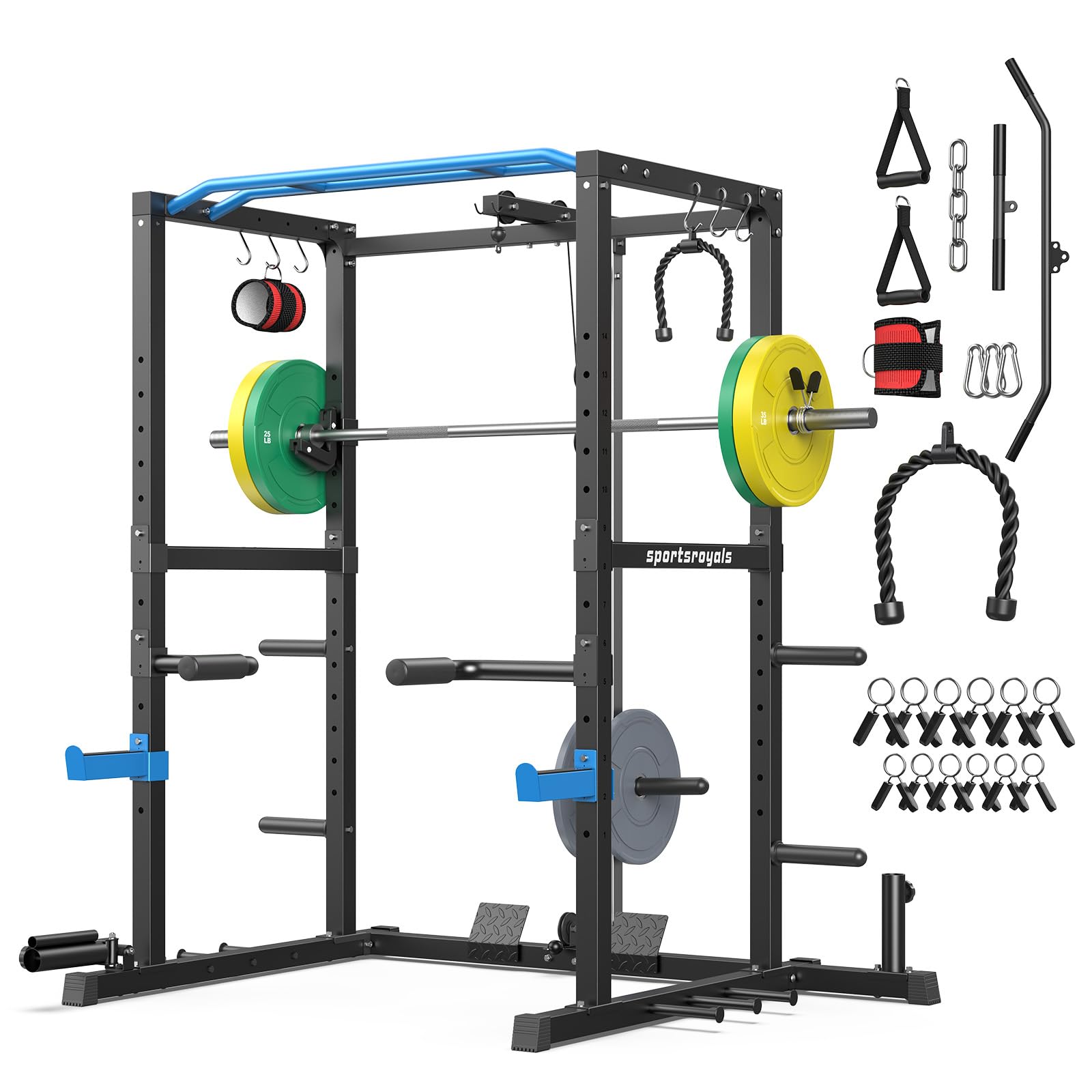 SPORTSROYALS Power Rack, Multi-Functional Power Cage, Squat Rack with Pulley System & LAT Pull Down, Workout Cage with J Hooks for Home Gym
