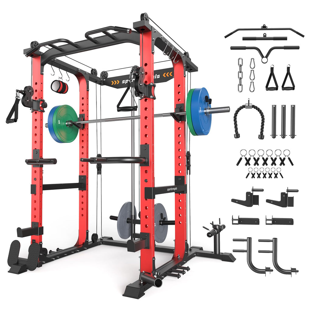 SPORTSROYALS Power Rack, Multi-Functional Power Cage, Squat Rack with Pulley System & LAT Pull Down, Workout Cage with J Hooks for Home Gym