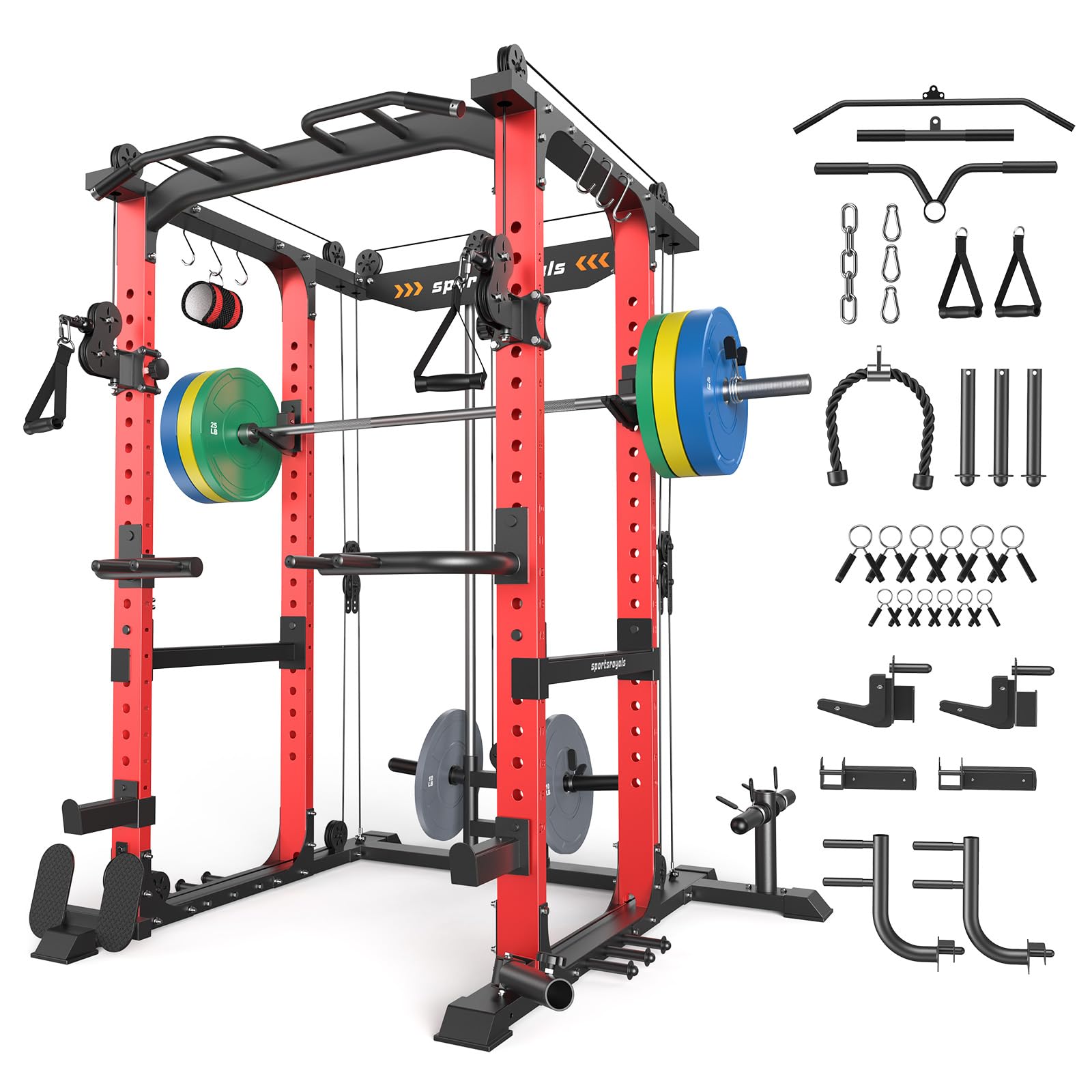 SPORTSROYALS Power Rack, Multi-Functional Power Cage, Squat Rack with Pulley System & LAT Pull Down, Workout Cage with J Hooks for Home Gym