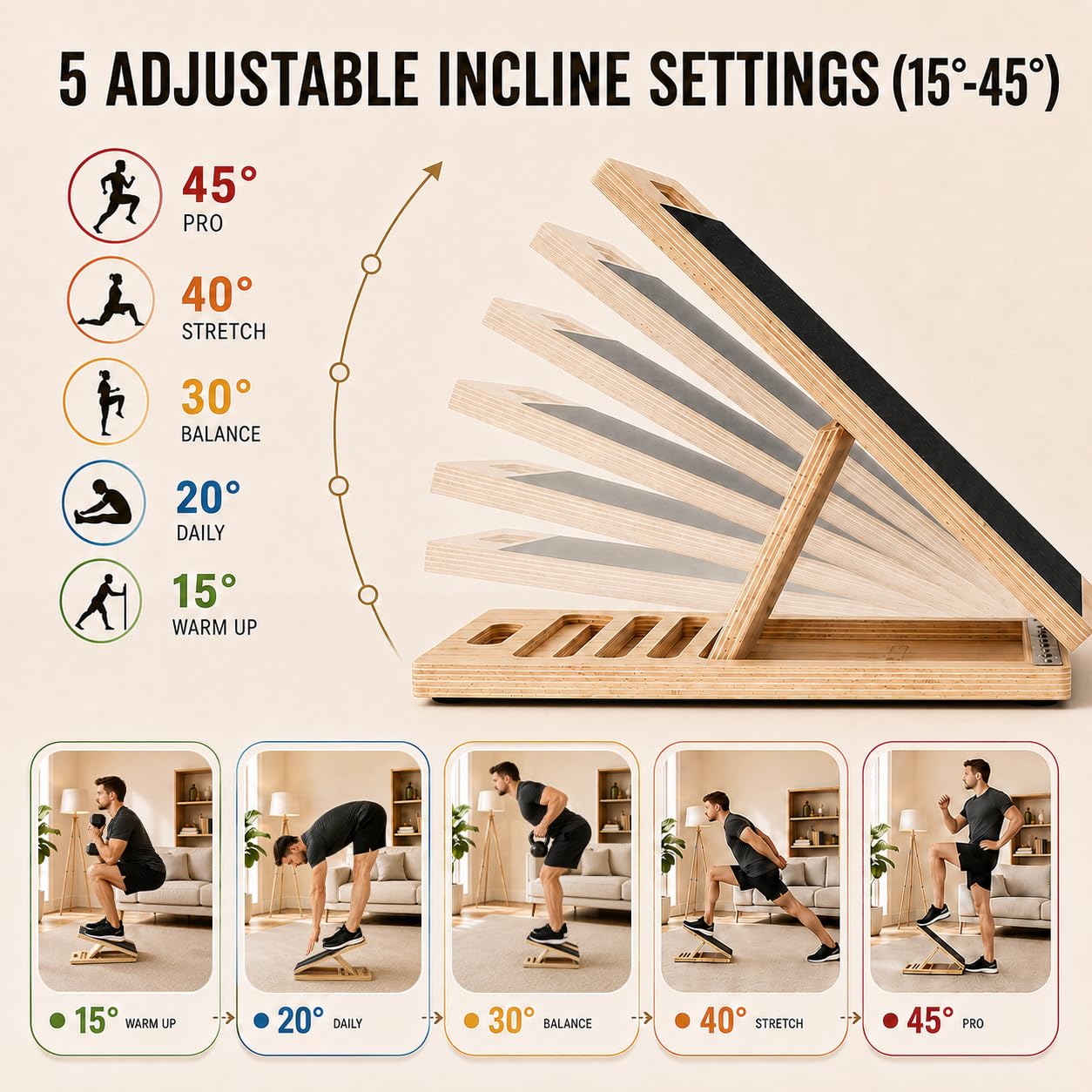 Velour Board Premium Wooden Slant Board, Adjustable Calf Stretcher & Squat Wedge with 5 Incline Angles, Anti-Slip Surface, Supports 550 lbs, Plantar Fasciitis Relief Tool for Home Gym & Office