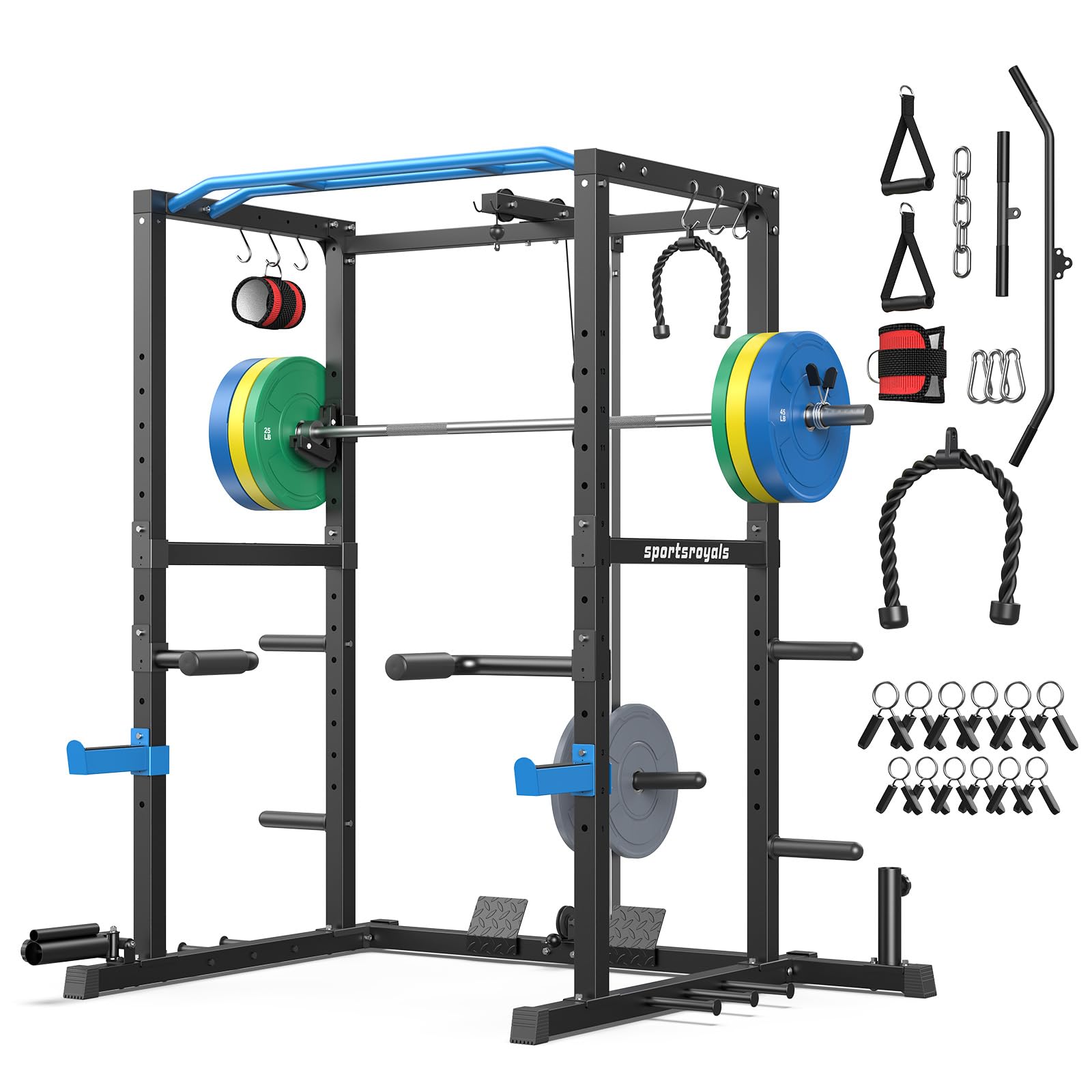 SPORTSROYALS Power Rack, Multi-Functional Power Cage, Squat Rack with Pulley System & LAT Pull Down, Workout Cage with J Hooks for Home Gym