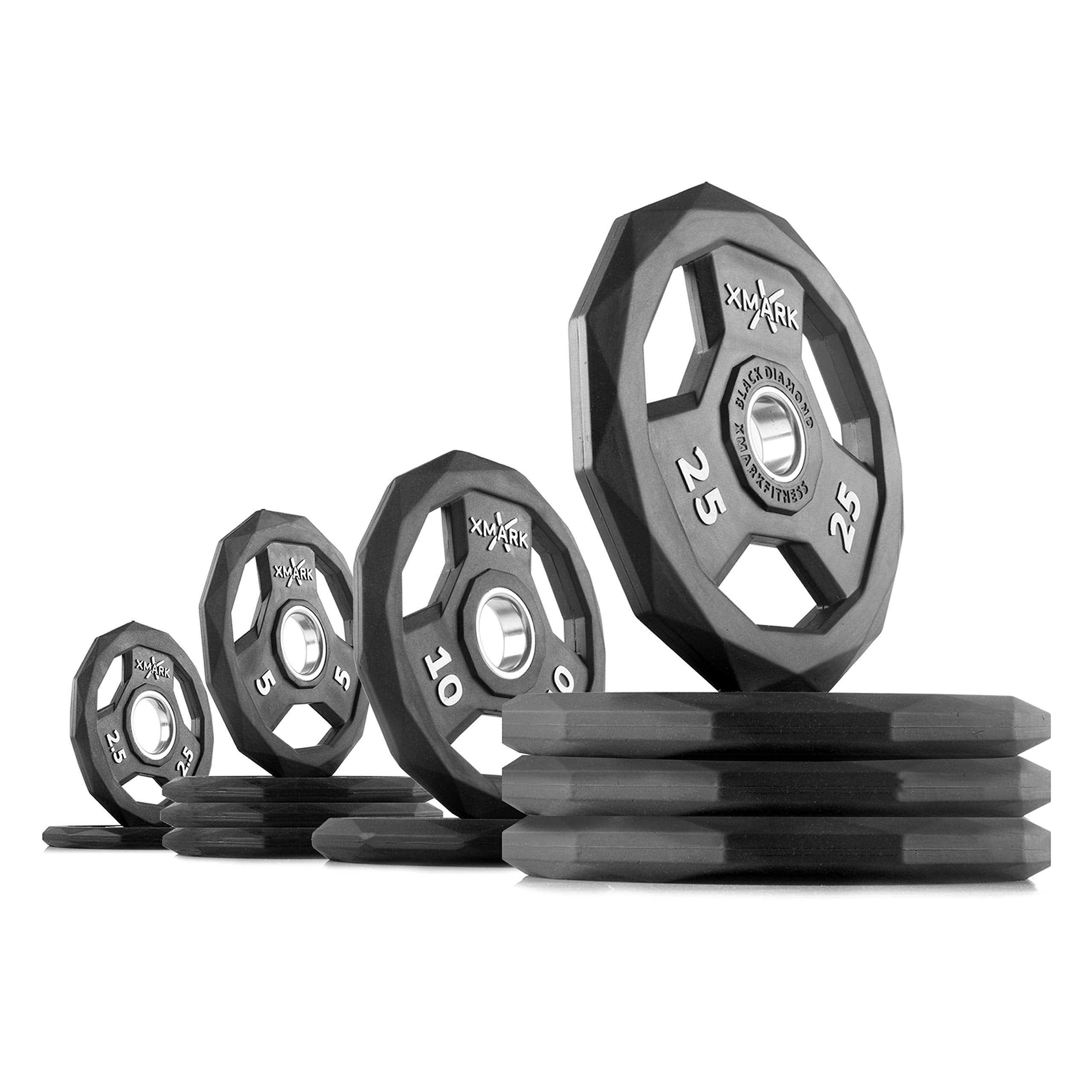 XMARK Black Diamond Olympic Weight Plates 2-Inch, Rubber Barbell Plates with Tri-Grip Handles for Home Gym Strength Training