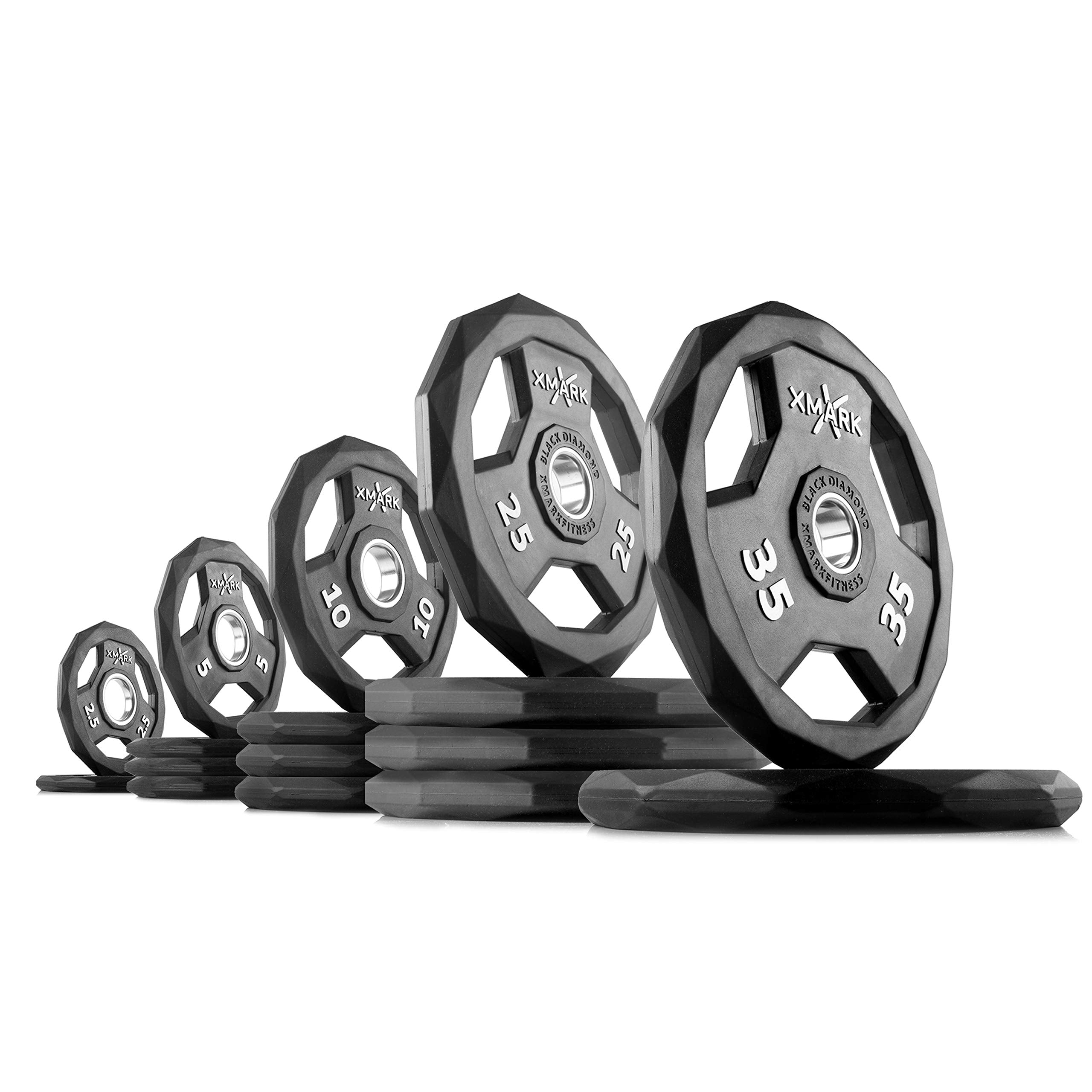 XMARK Black Diamond Olympic Weight Plates 2-Inch, Rubber Barbell Plates with Tri-Grip Handles for Home Gym Strength Training