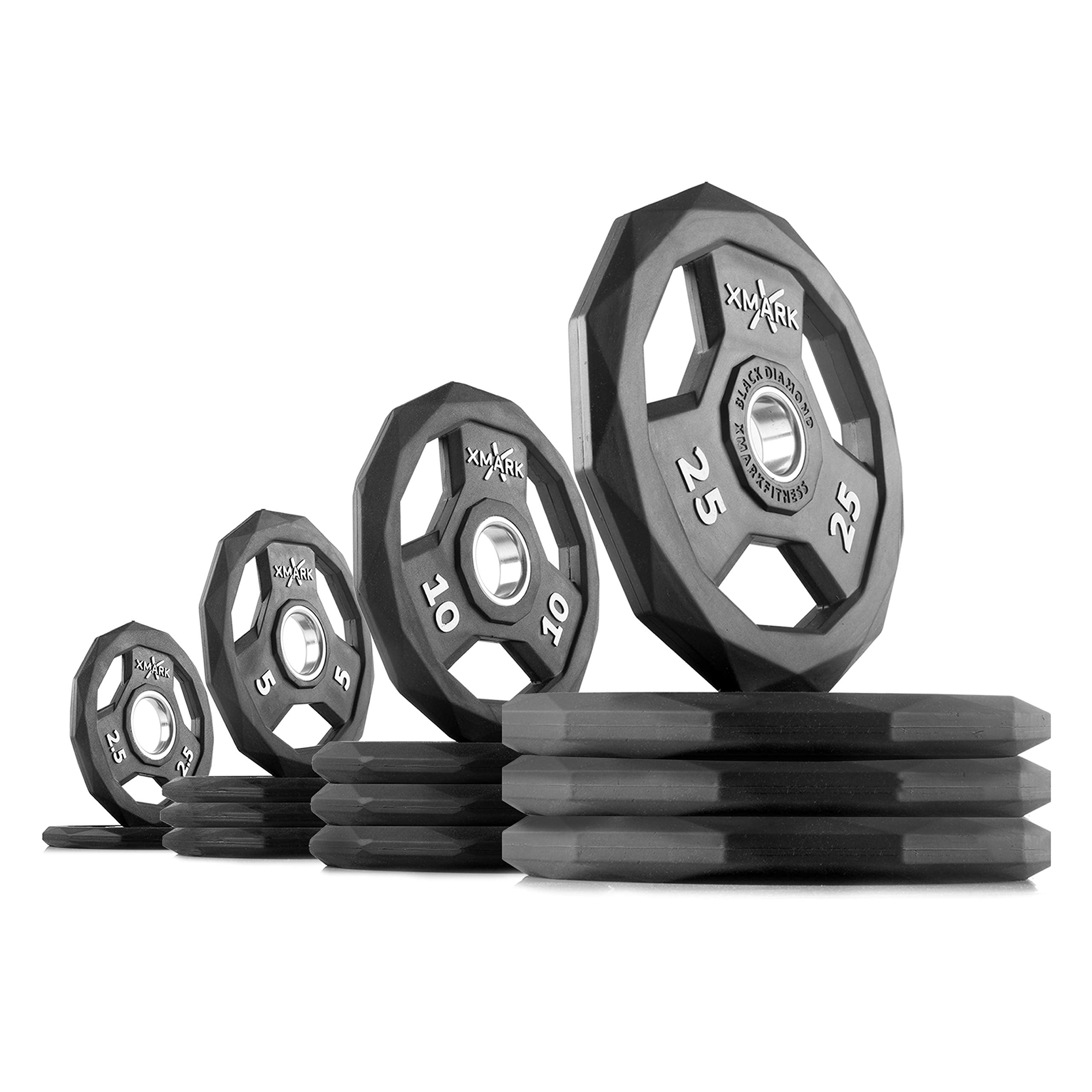 XMARK Black Diamond Olympic Weight Plates 2-Inch, Rubber Barbell Plates with Tri-Grip Handles for Home Gym Strength Training