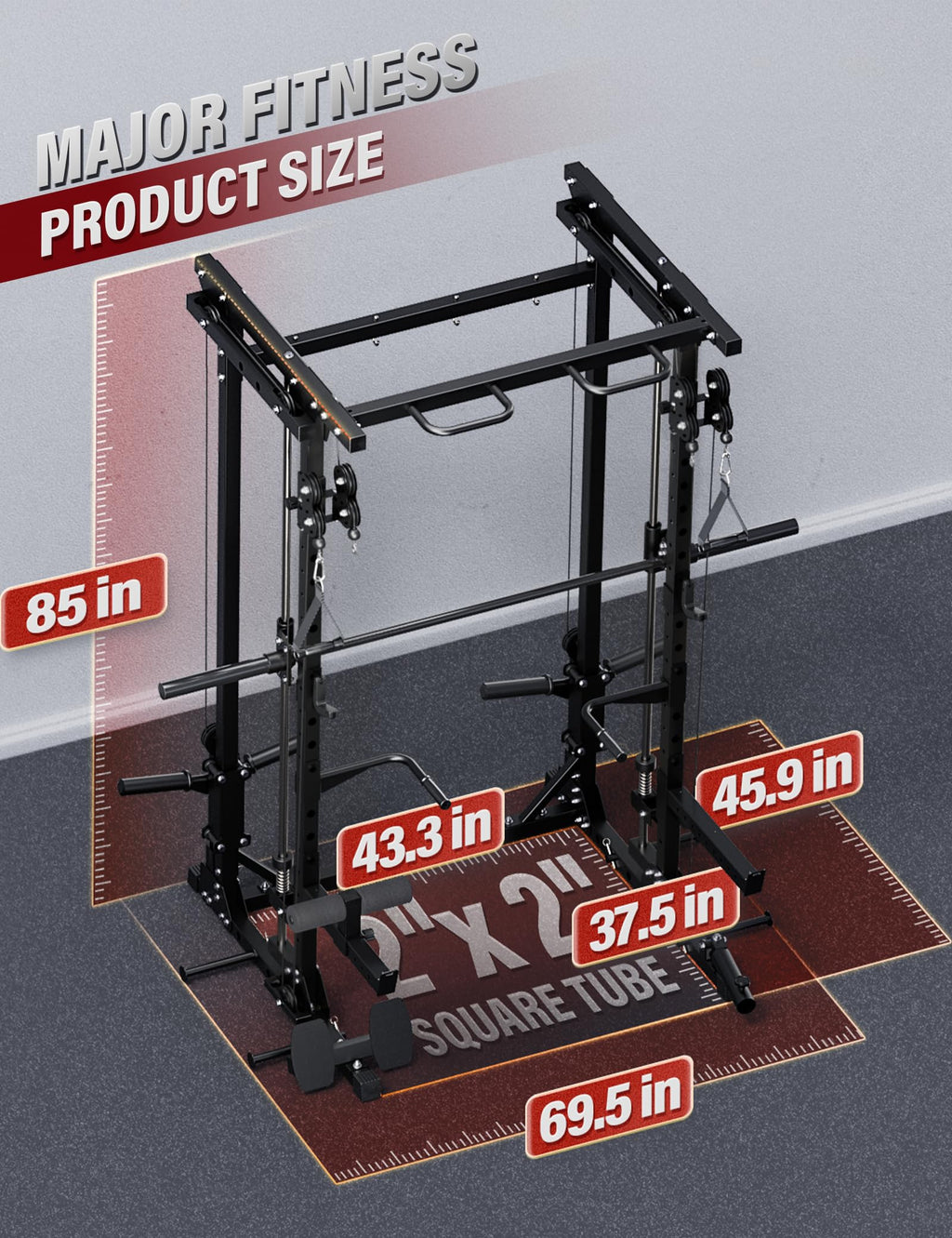 MAJOR FITNESS Drone3 Smith Machine, 2500lbs All-in-One Home Gym Power Rack with Dual Pulley System for Cable Crossover, Pull-Up Bars