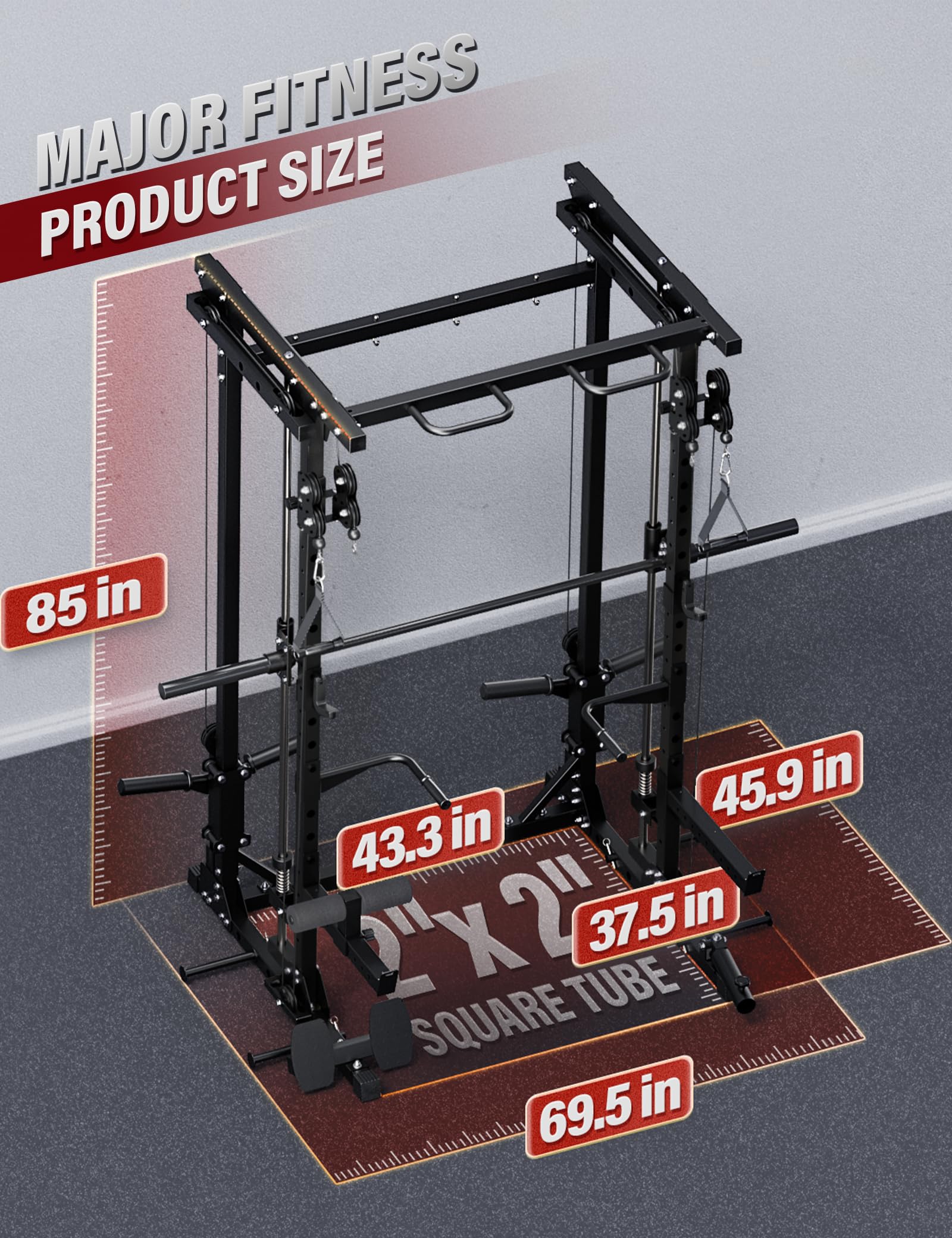 MAJOR FITNESS Drone3 Smith Machine, 2500lbs All-in-One Home Gym Power Rack with Dual Pulley System for Cable Crossover, Pull-Up Bars
