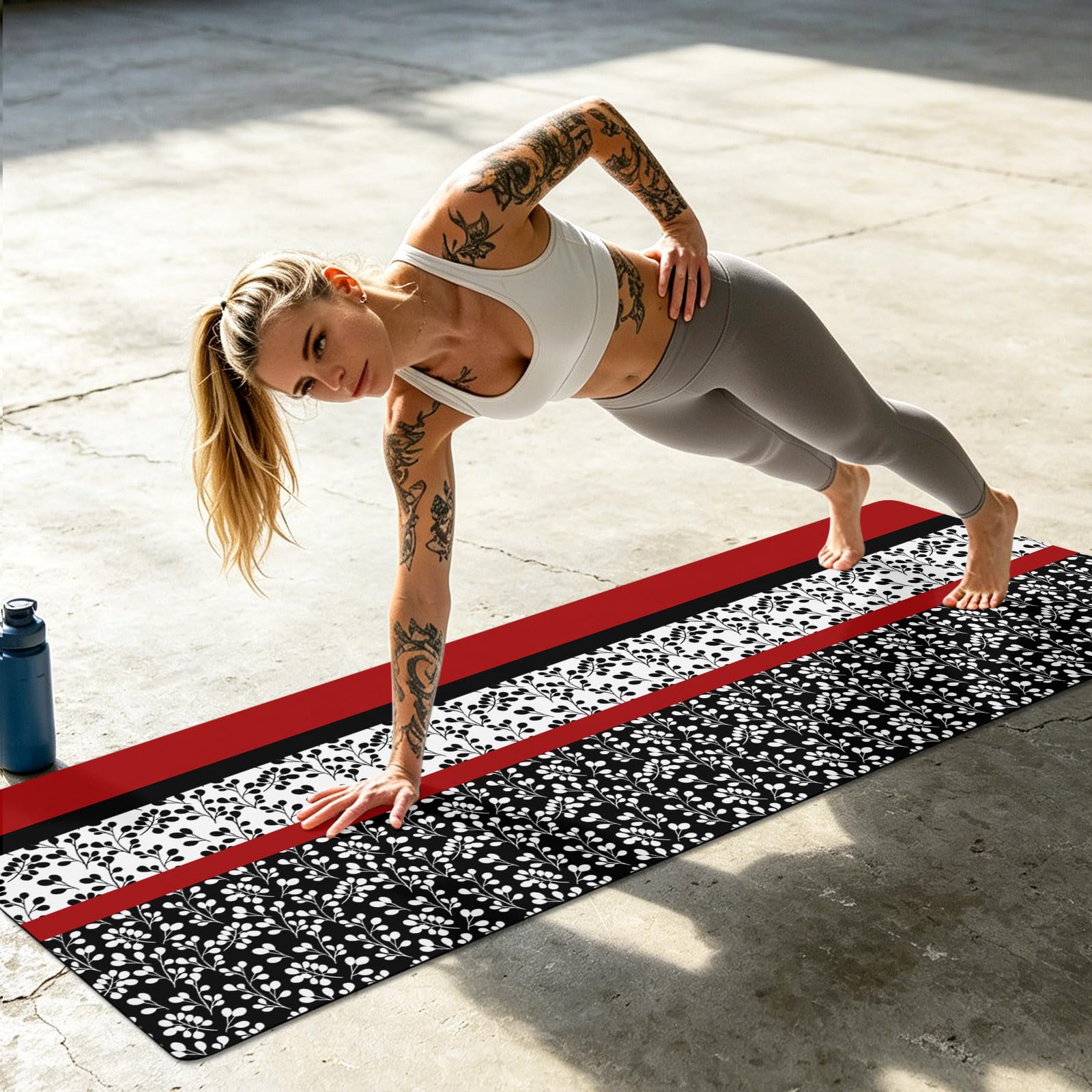 Yoga Mat Large Exercise Mats Farm Flower Classical Stripes Non-Slip Workout Mat with Carrying Strap and Bag Watercolor Stitching Pattern Foldable Fitness Mats for Pilates Gym Home Workouts