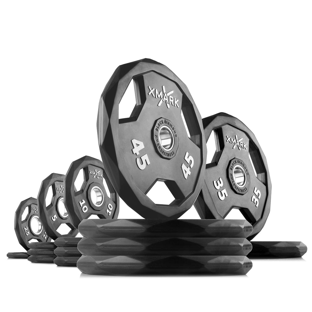 XMARK Black Diamond Olympic Weight Plates 2-Inch, Rubber Barbell Plates with Tri-Grip Handles for Home Gym Strength Training
